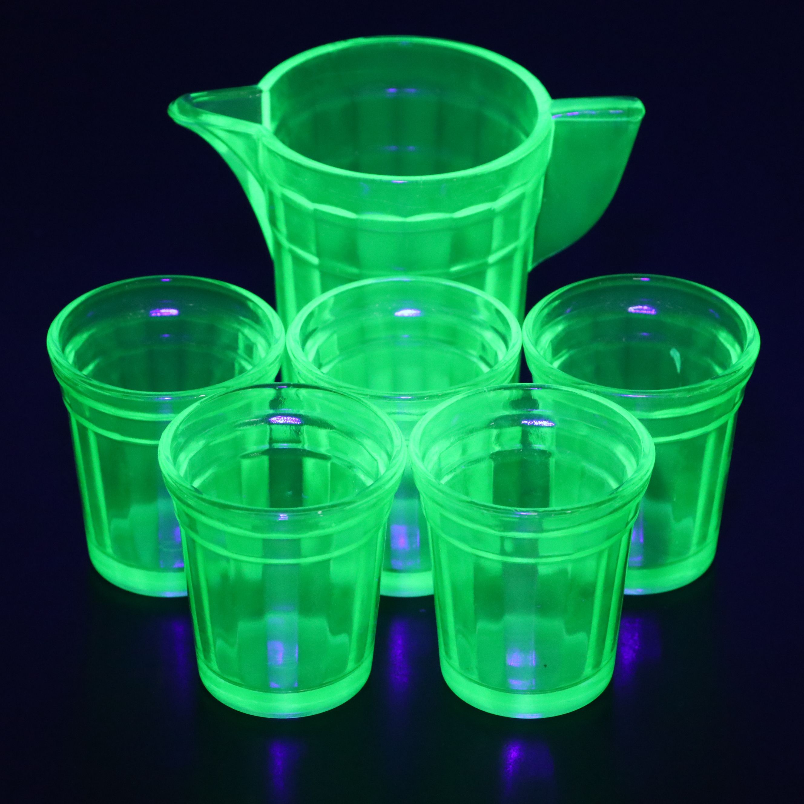 Akro Agate Uranium Glass Miniature Pitcher, Tumblers and More Tableware