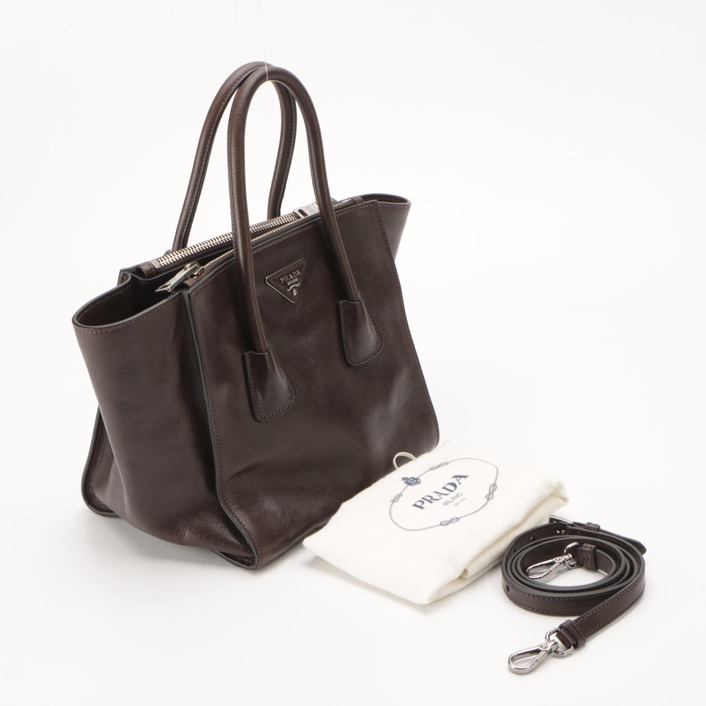 Prada Twin Pocket Two-Way Tote in Dark Chocolate Brown Glaced Calfskin Leather