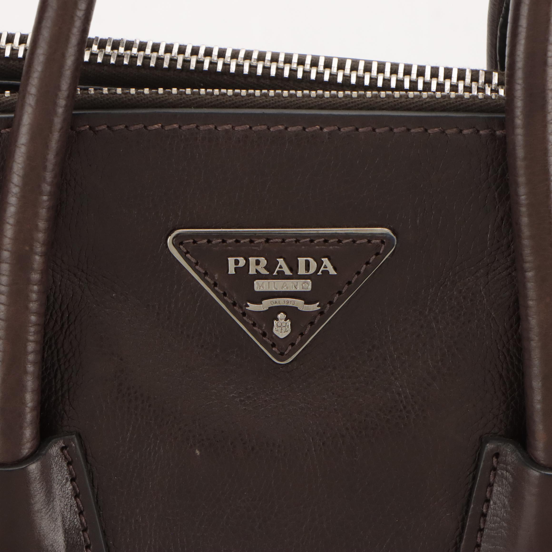 Prada Twin Pocket Two-Way Tote in Dark Chocolate Brown Glaced Calfskin Leather