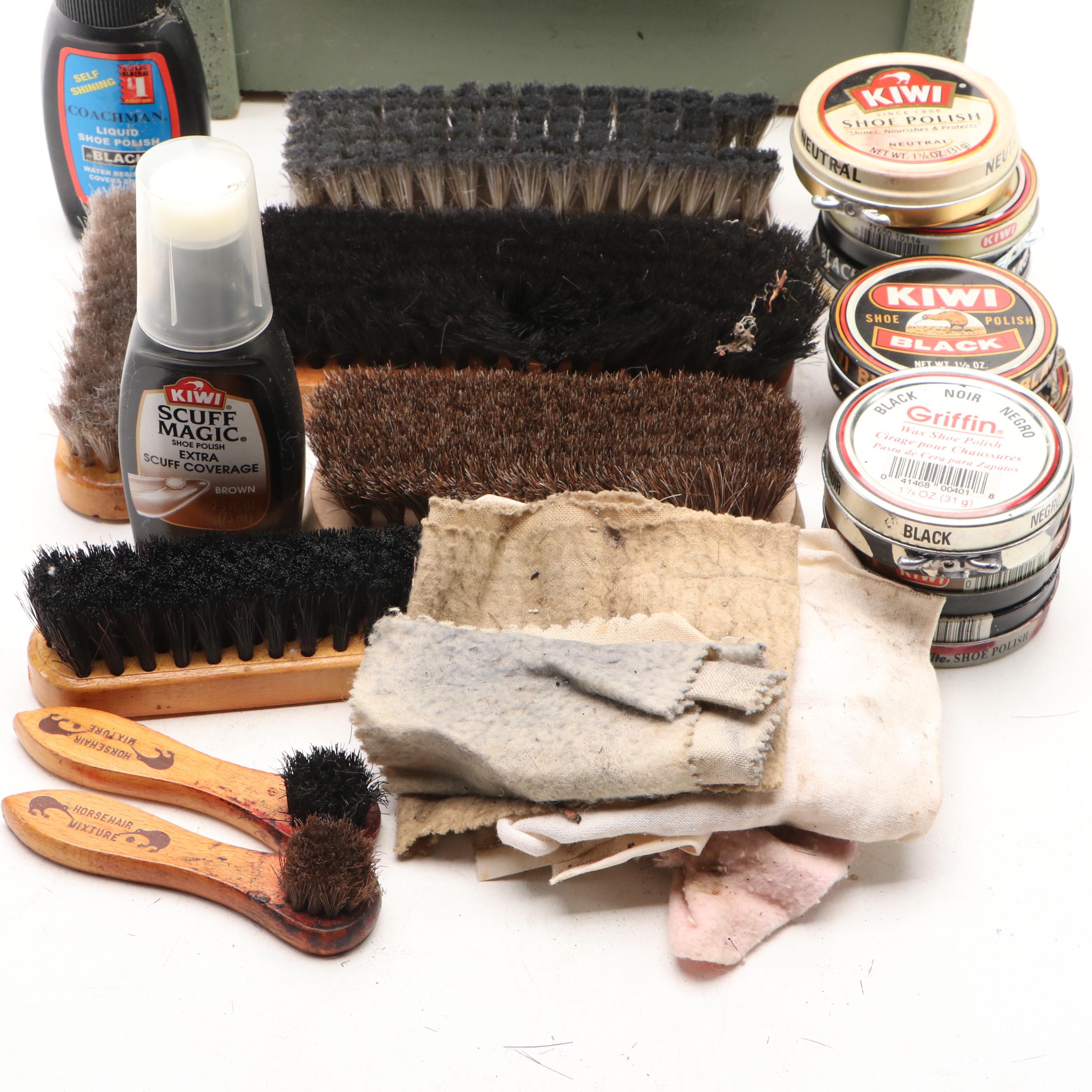 Colonial Revival Wooden Shoe Shine Box with Foot Rest Handle and Accessories