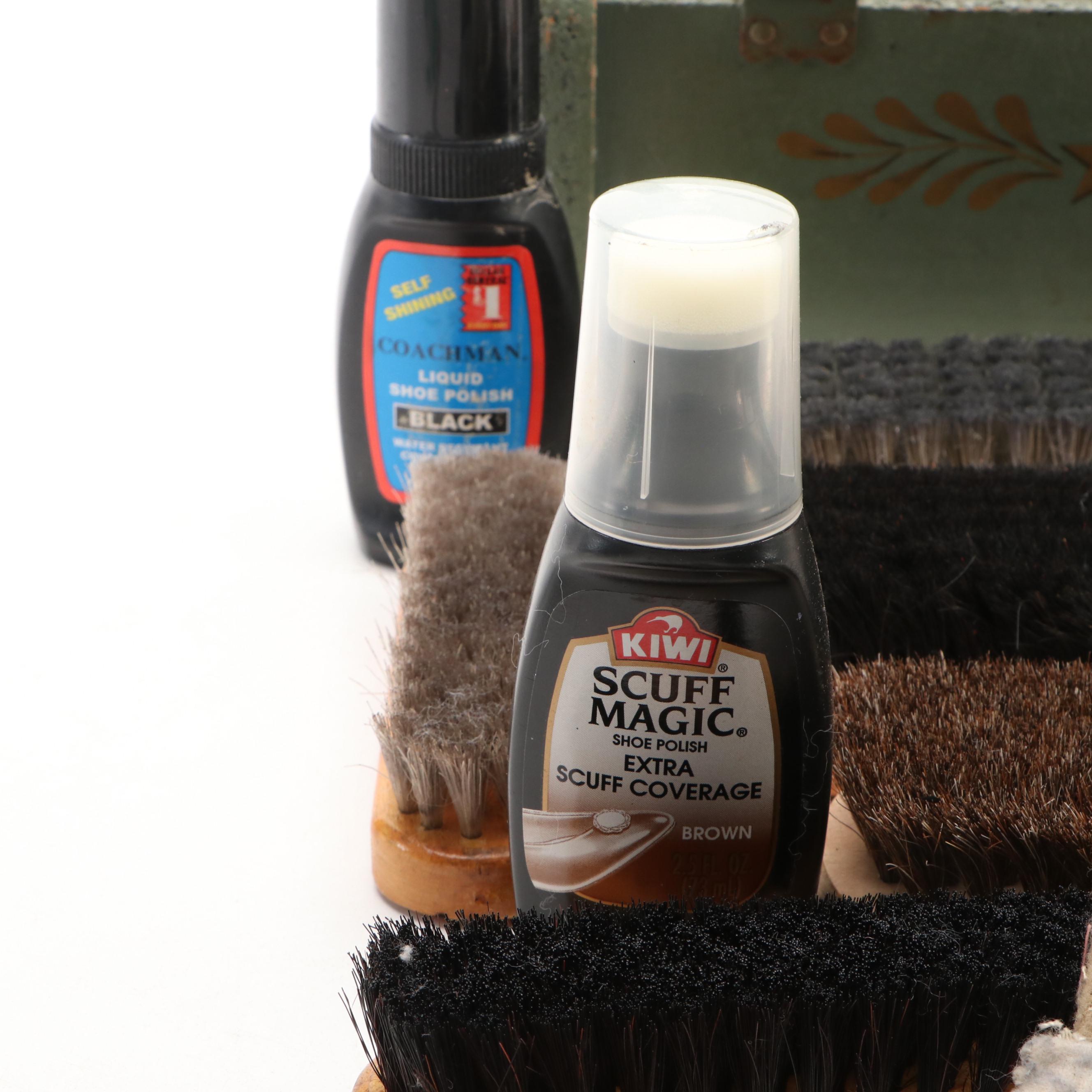 Colonial Revival Wooden Shoe Shine Box with Foot Rest Handle and Accessories