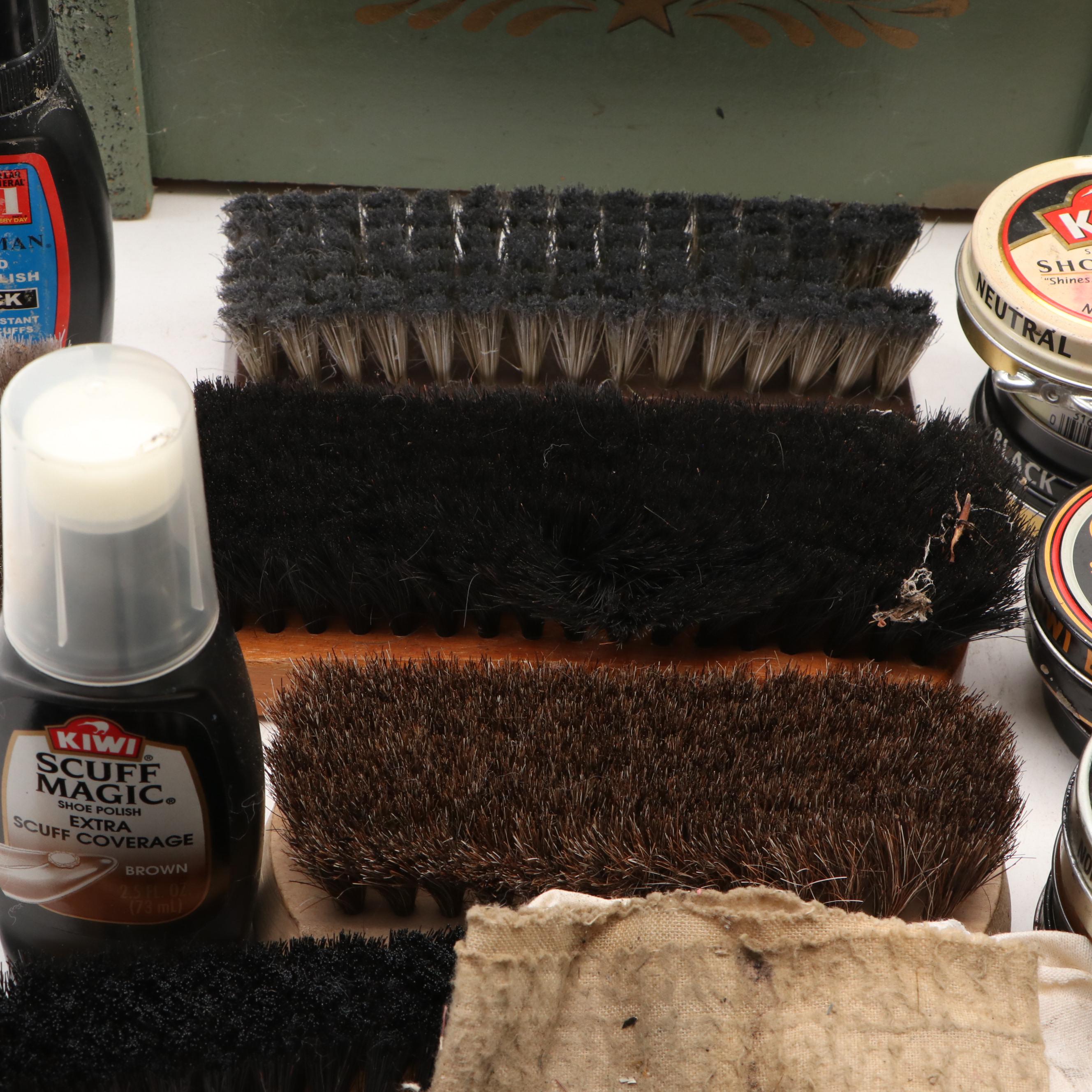 Colonial Revival Wooden Shoe Shine Box with Foot Rest Handle and Accessories