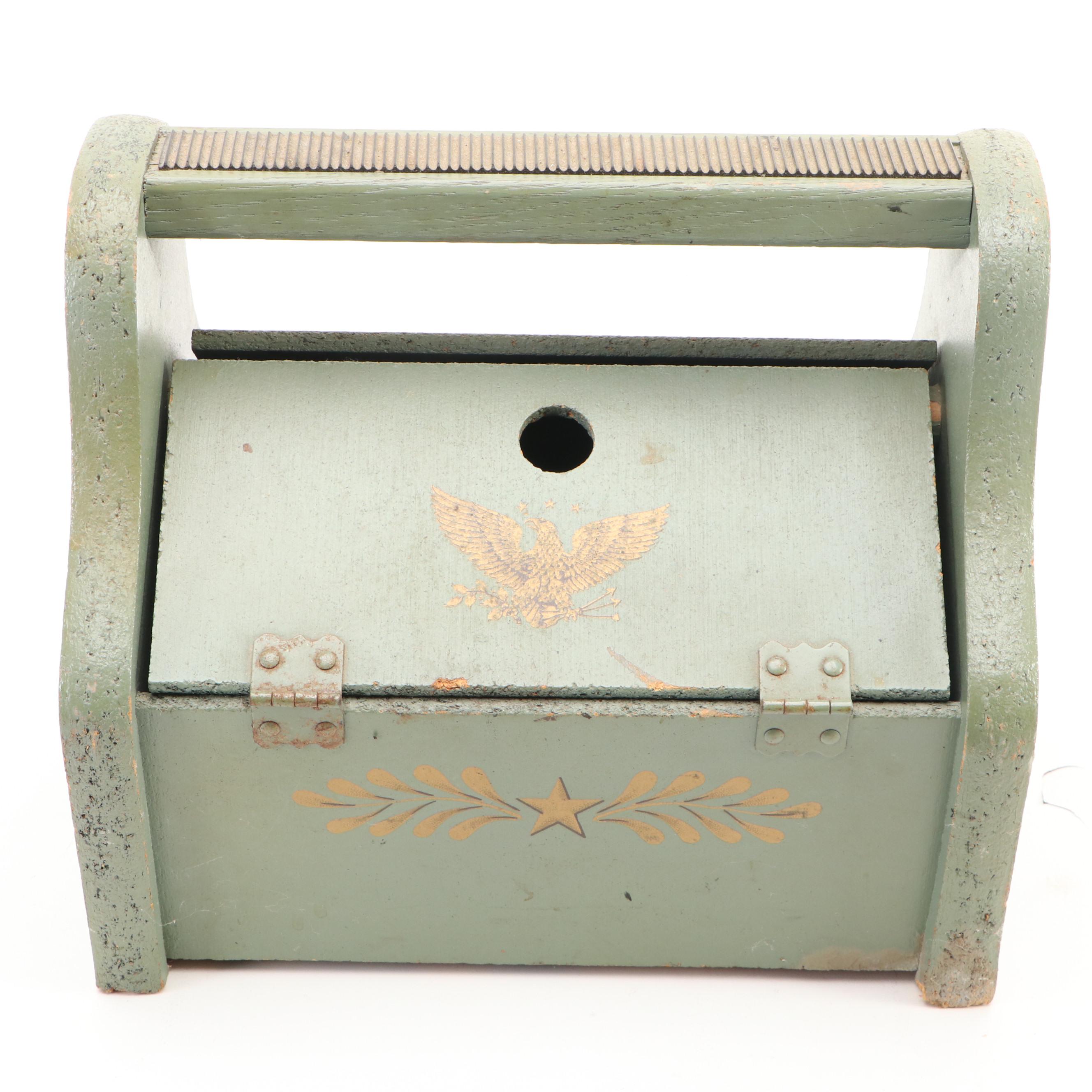 Colonial Revival Wooden Shoe Shine Box with Foot Rest Handle and Accessories