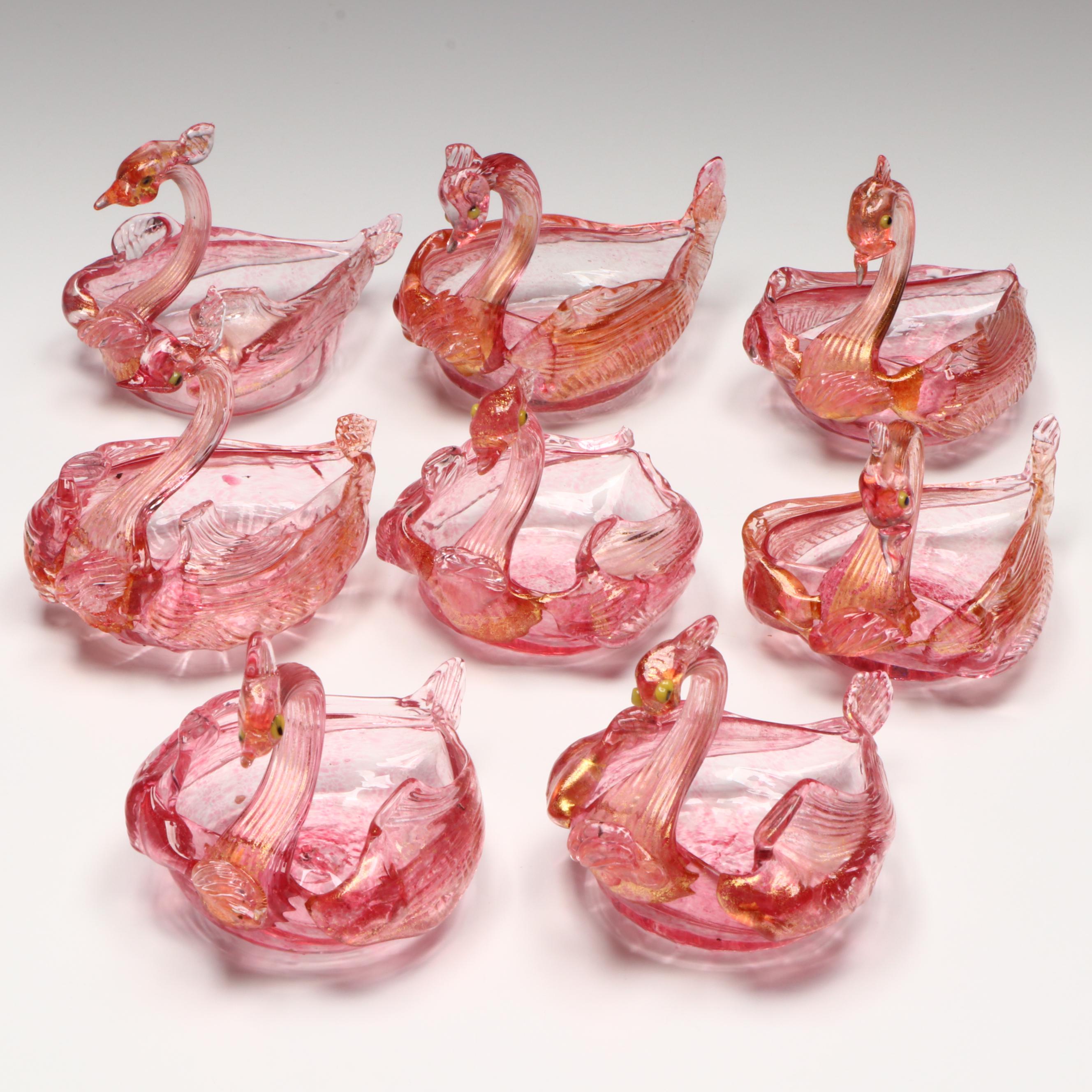 Studio Blown Pink Art Glass with Gold Flake Swan Bowls