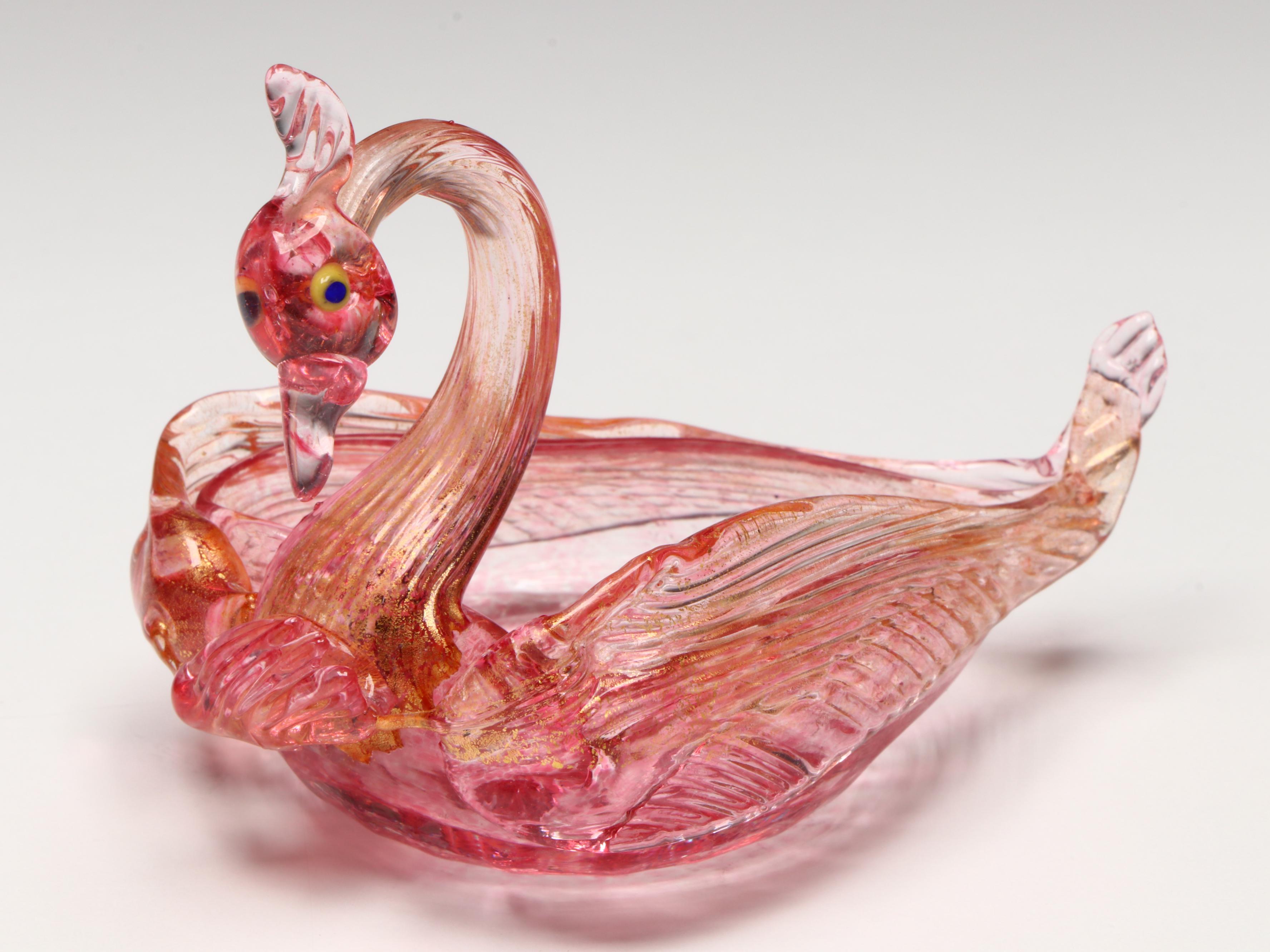 Studio Blown Pink Art Glass with Gold Flake Swan Bowls