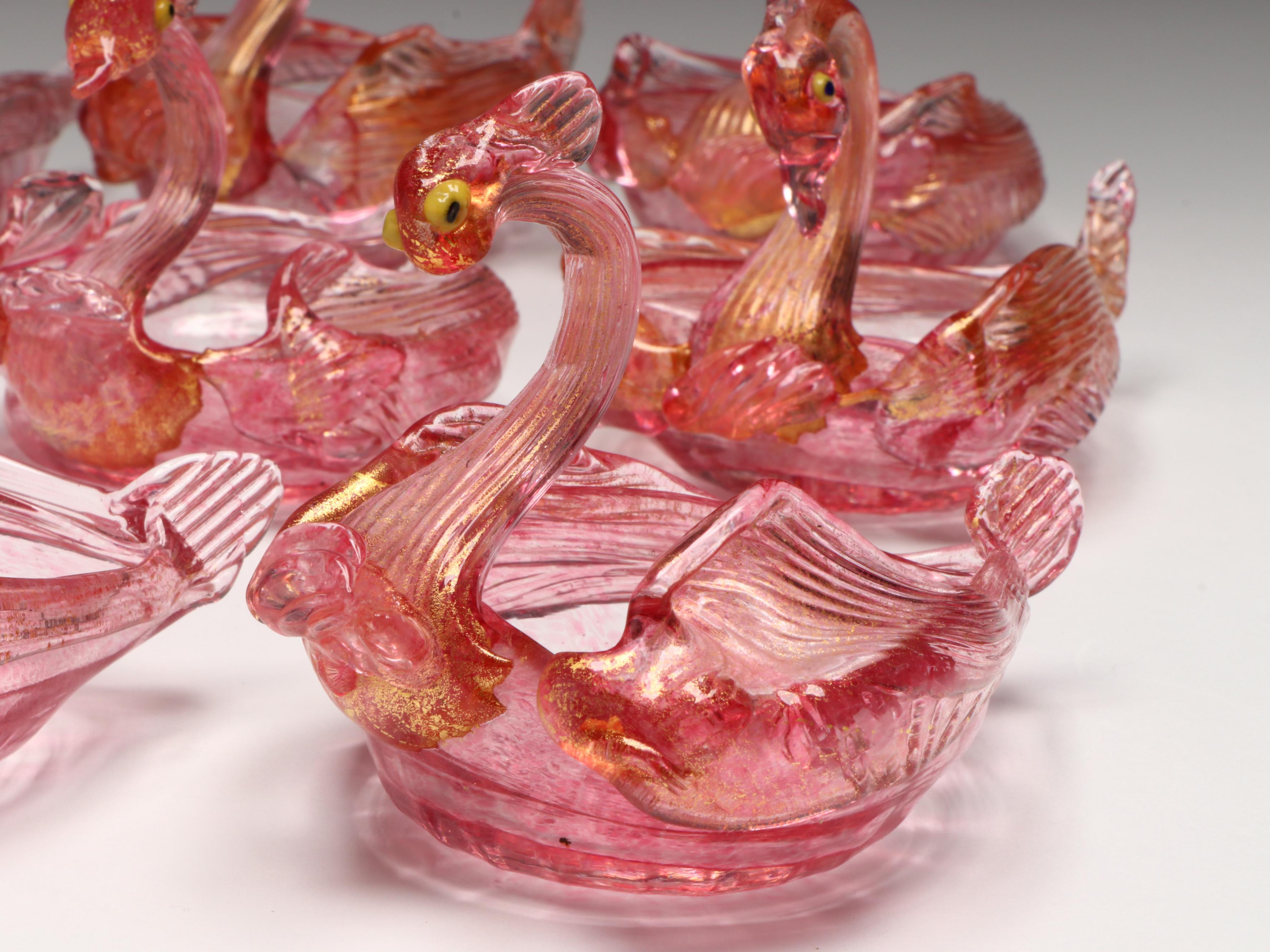 Studio Blown Pink Art Glass with Gold Flake Swan Bowls