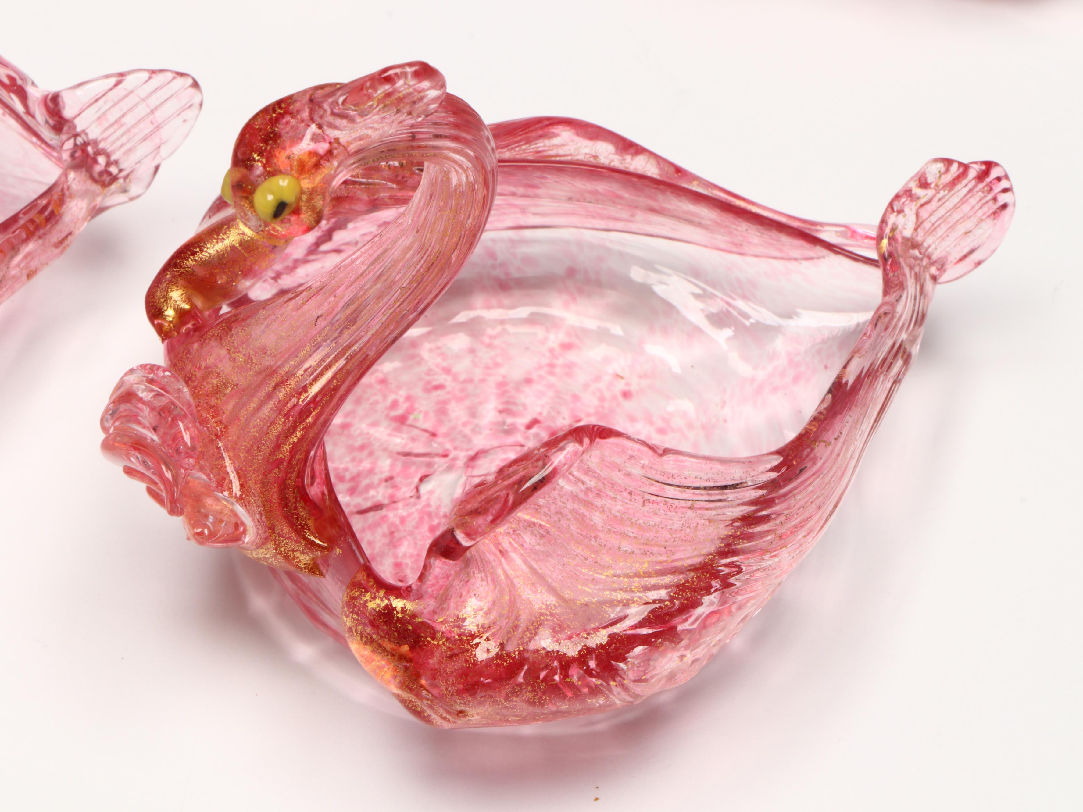 Studio Blown Pink Art Glass with Gold Flake Swan Bowls