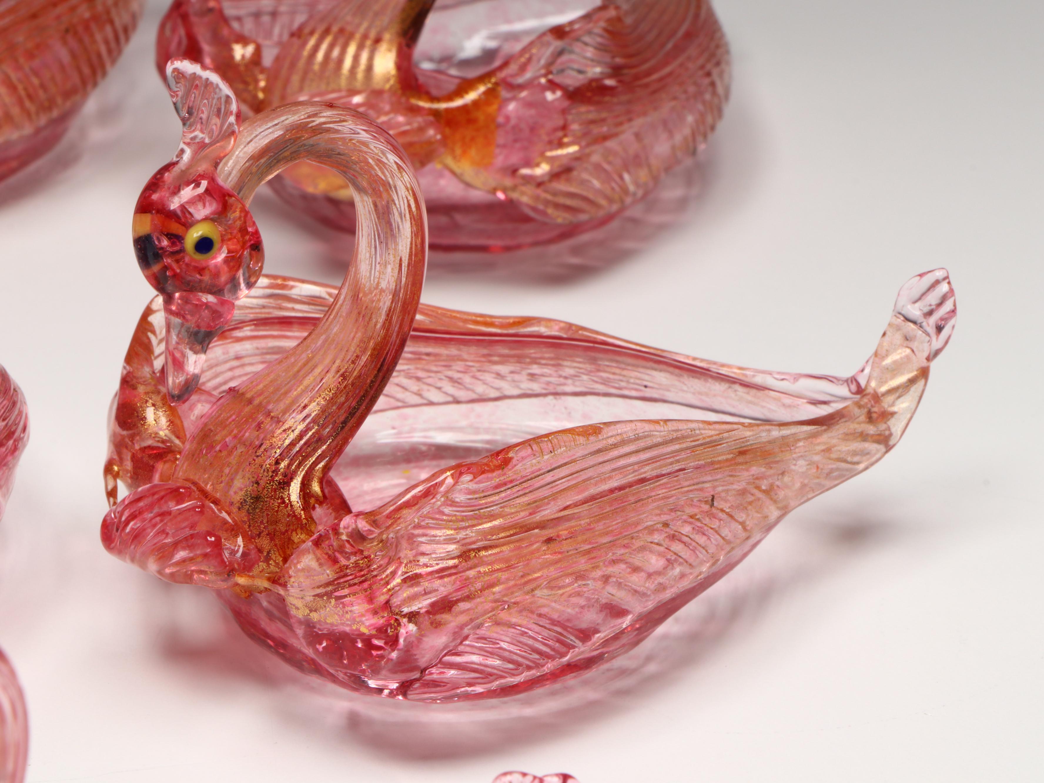 Studio Blown Pink Art Glass with Gold Flake Swan Bowls