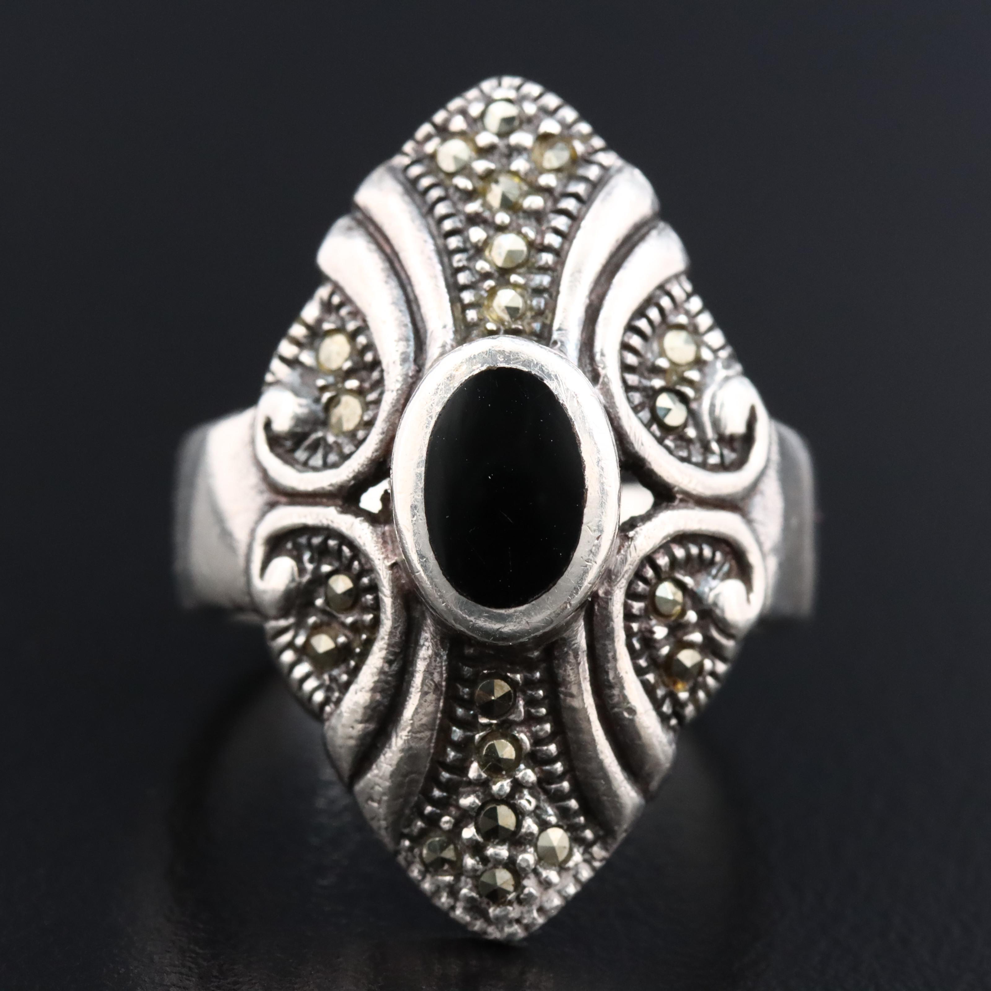 Sterling Black Onyx and Marcasite Ring