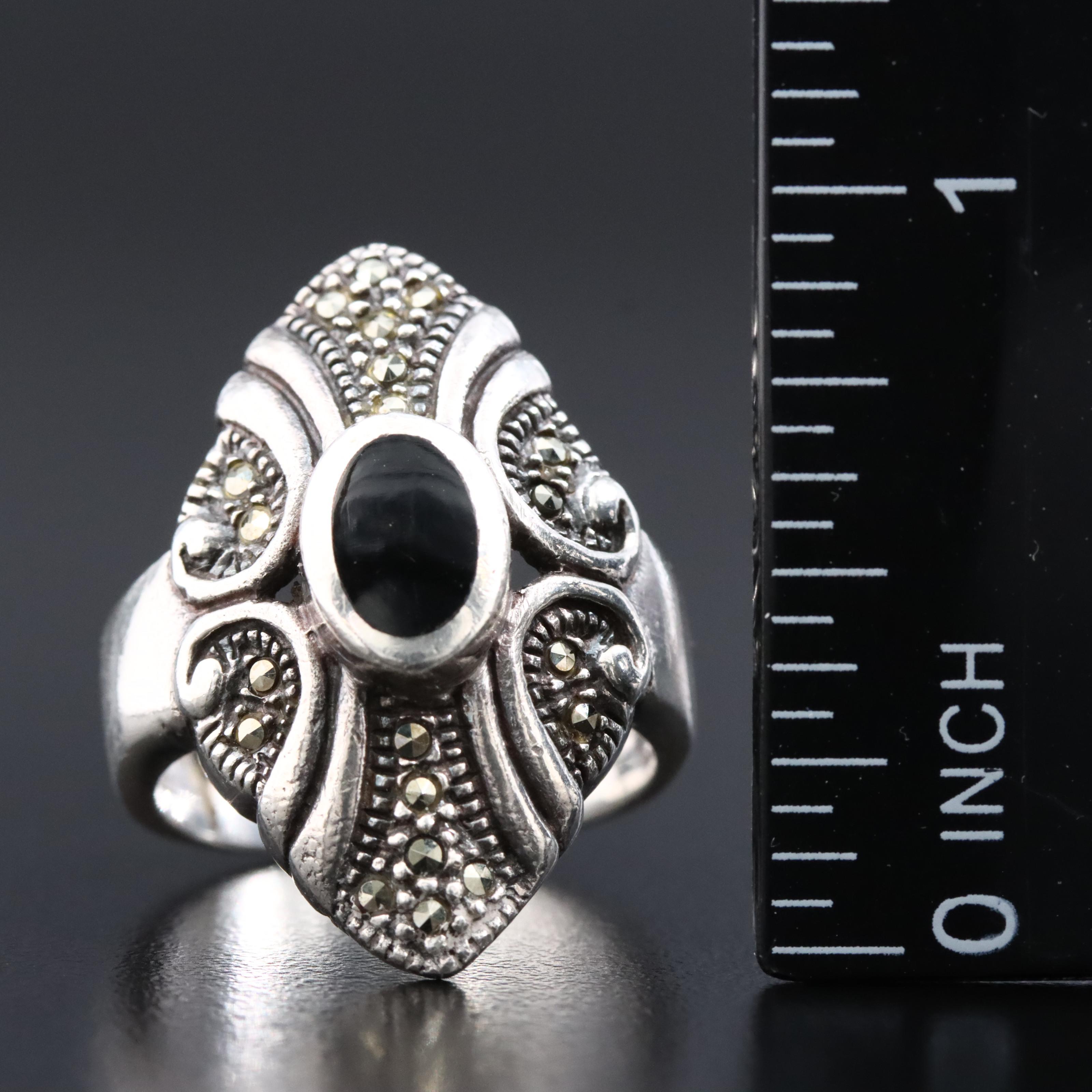 Sterling Black Onyx and Marcasite Ring