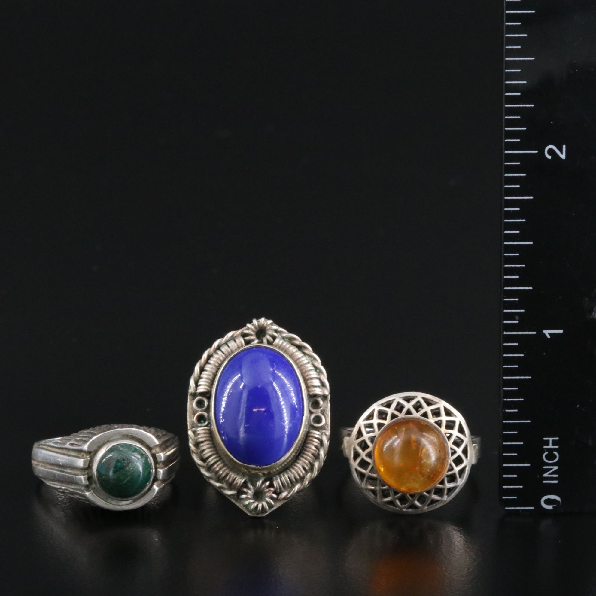 Ring Collection Featuring Sterling, Amber and Eilat Stone