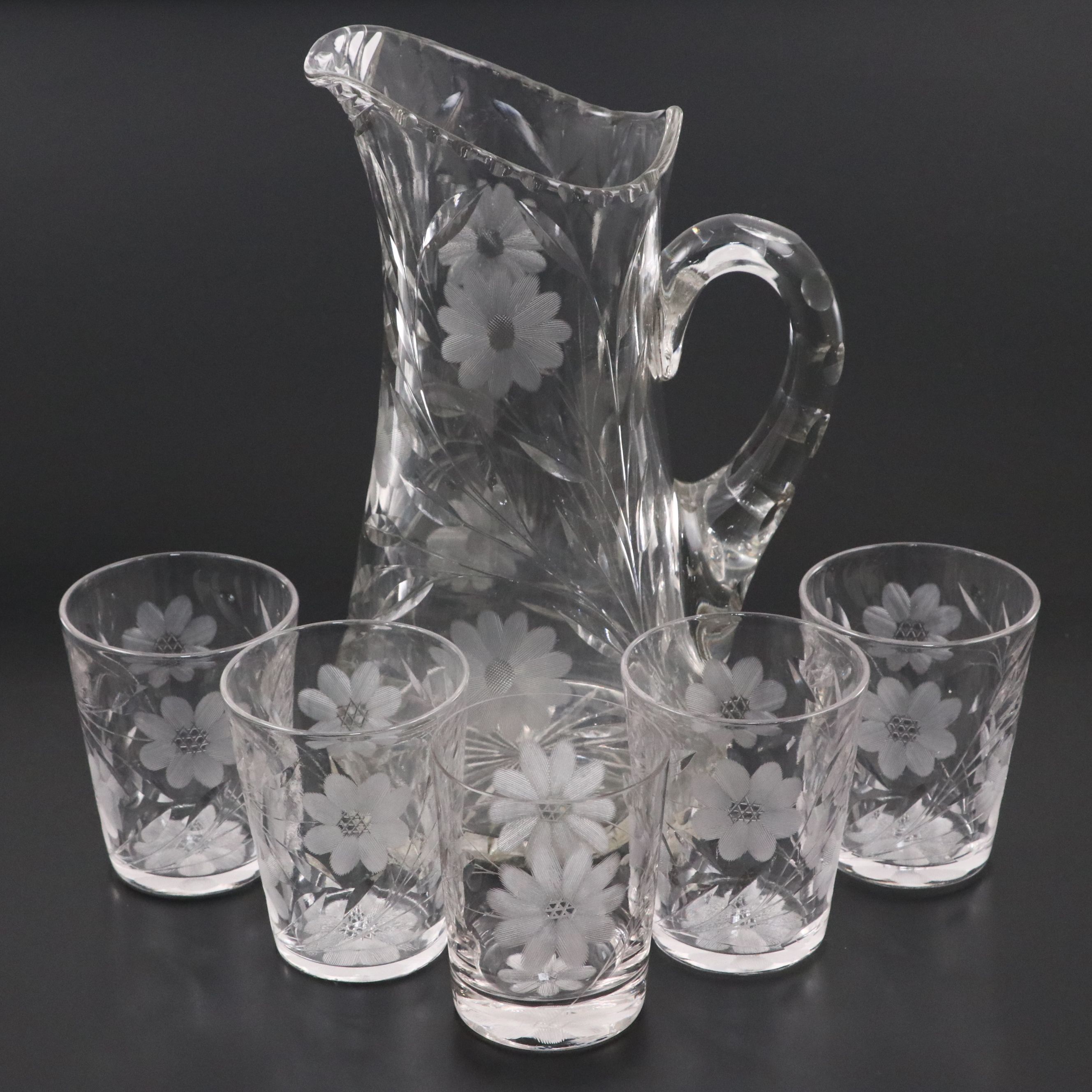 American Brilliant Cut Glass Pitcher with Short Tumblers