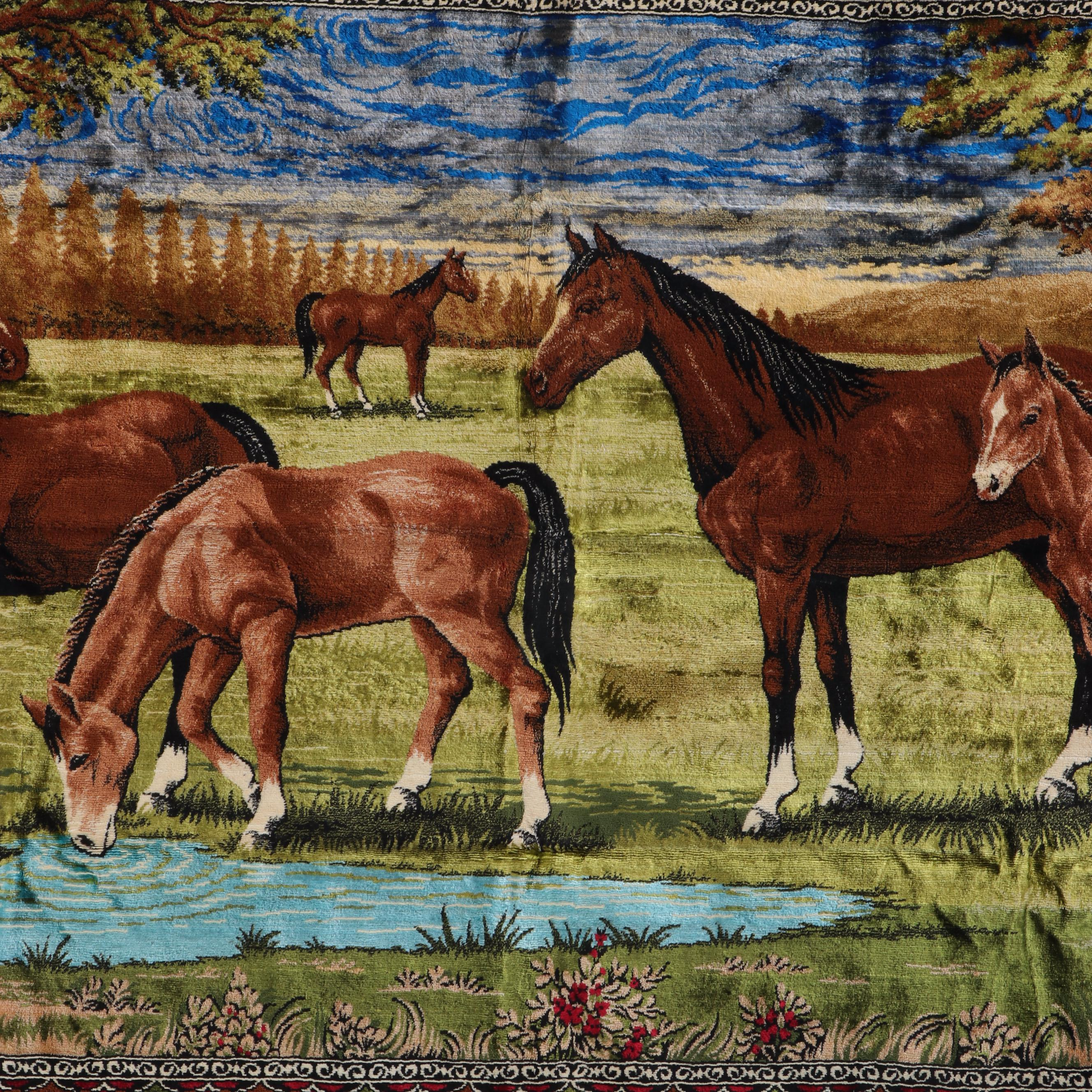 Bucolic Horse Landscape Wall Rug with Stylized Border, Mid-20th Century