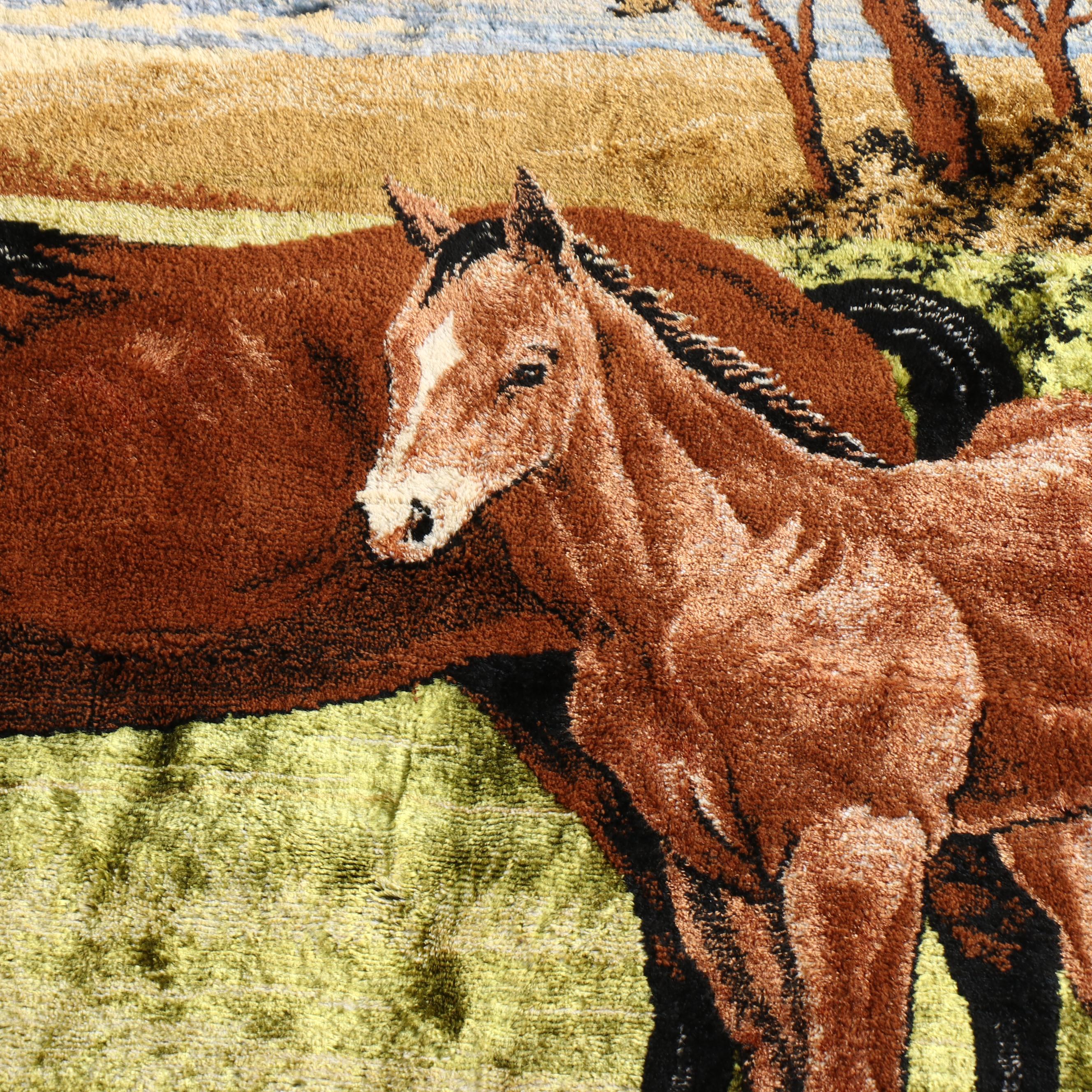 Bucolic Horse Landscape Wall Rug with Stylized Border, Mid-20th Century