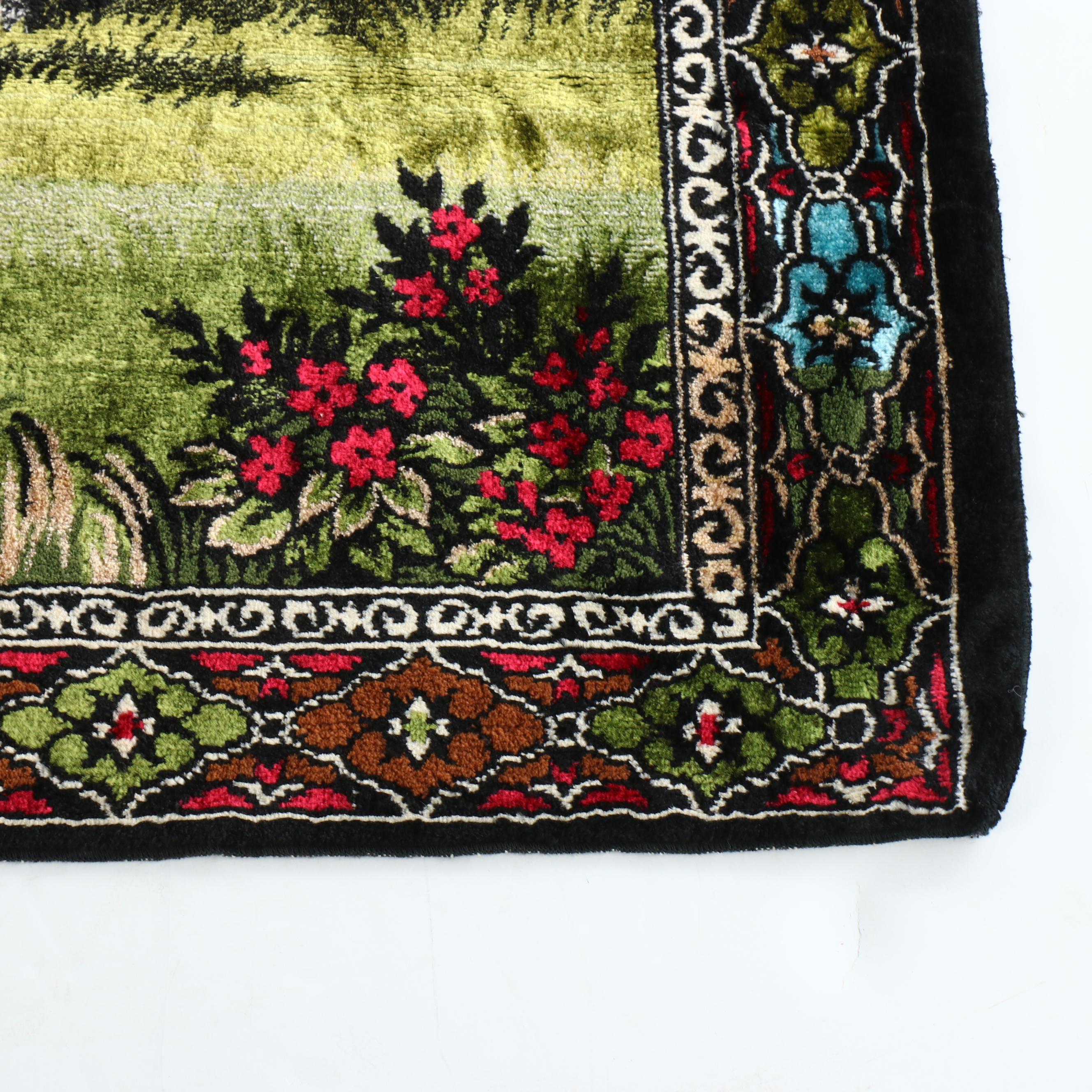 Bucolic Horse Landscape Wall Rug with Stylized Border, Mid-20th Century