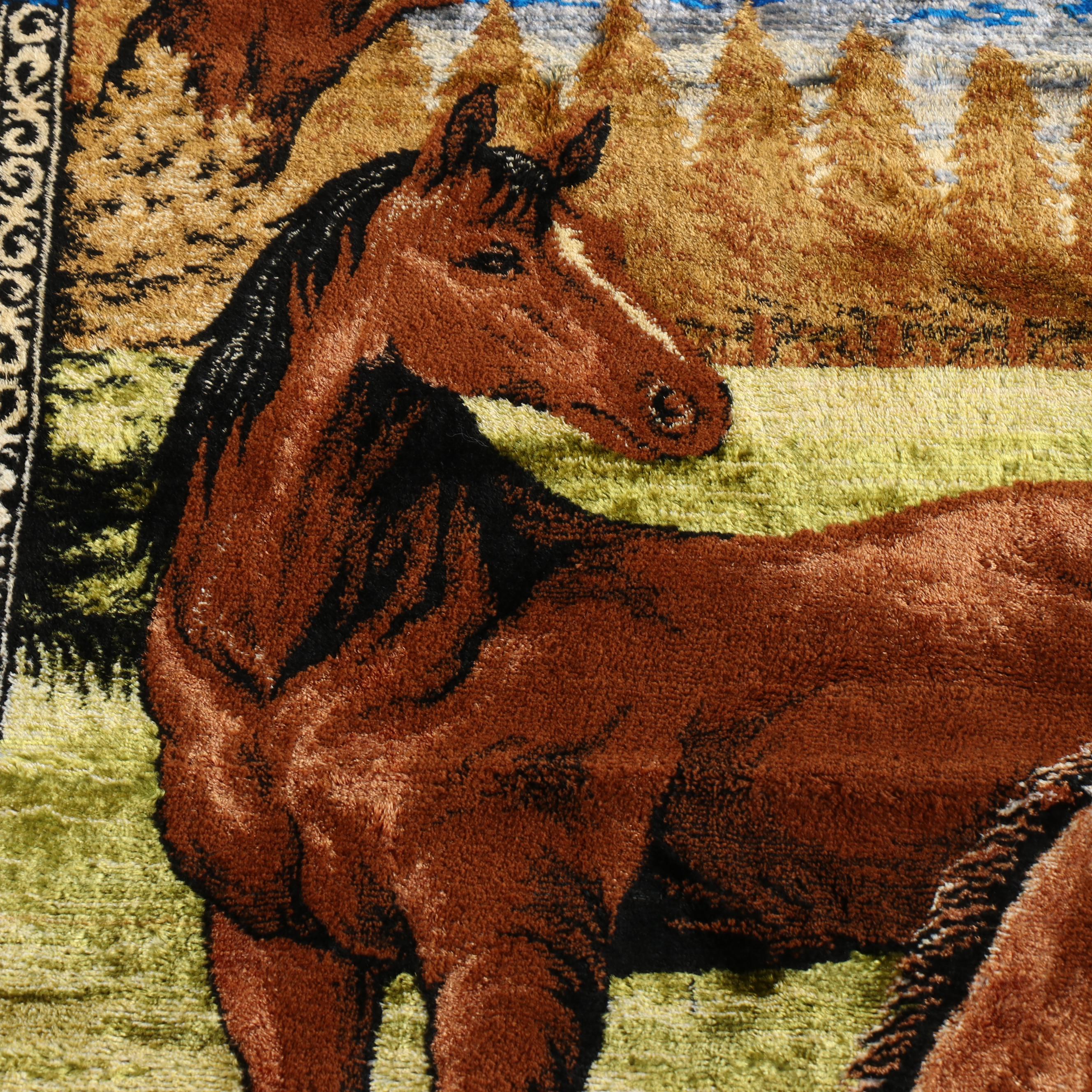 Bucolic Horse Landscape Wall Rug with Stylized Border, Mid-20th Century