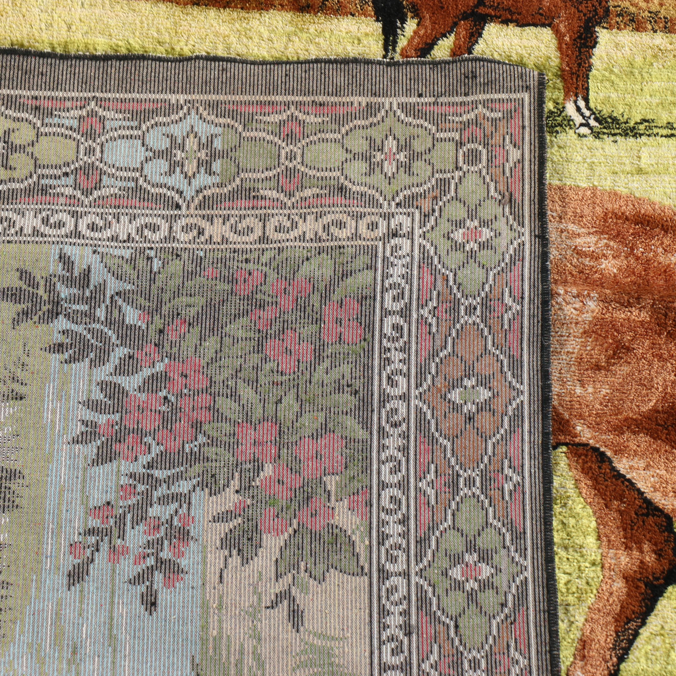 Bucolic Horse Landscape Wall Rug with Stylized Border, Mid-20th Century