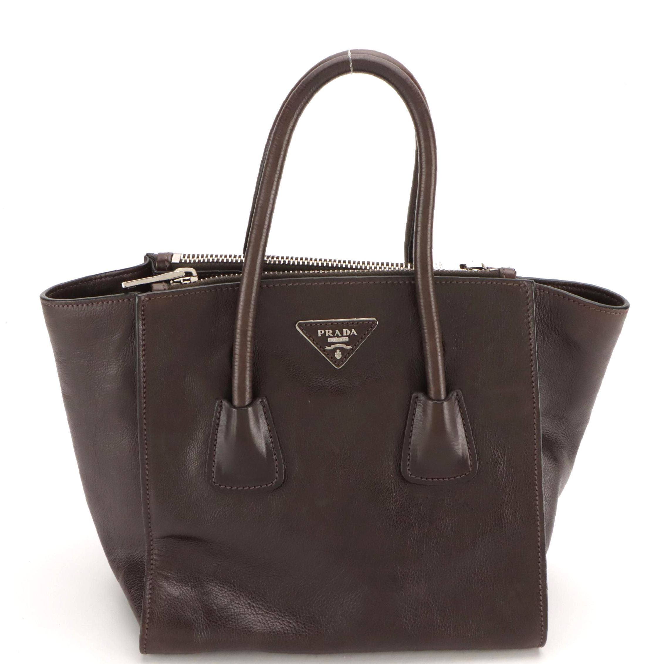 Prada Twin Pocket Two-Way Tote in Dark Chocolate Brown Glaced Calfskin Leather