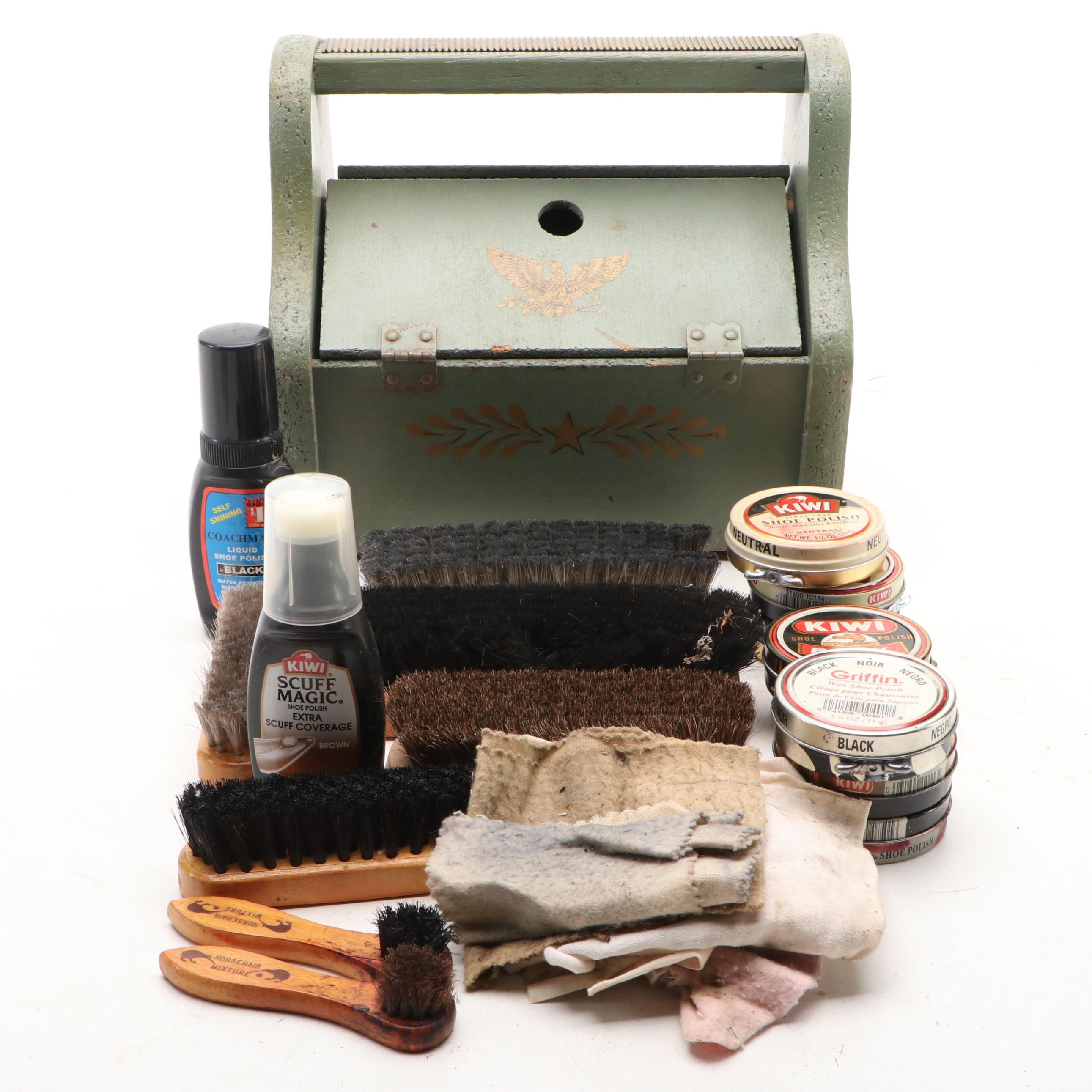 Colonial Revival Wooden Shoe Shine Box with Foot Rest Handle and Accessories