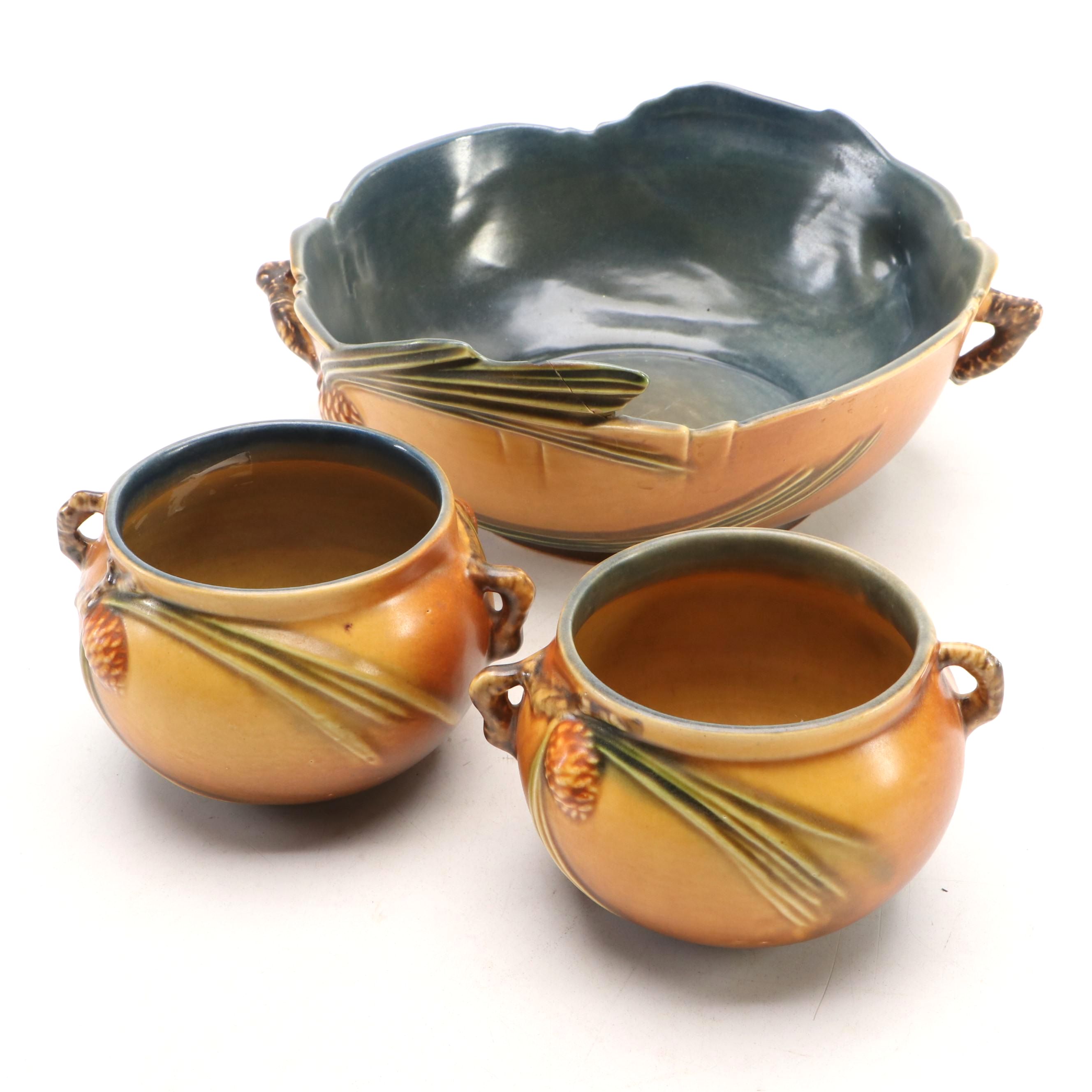 Roseville Pottery "Pine Cone" Ceramic Decorative Bowl and Planters
