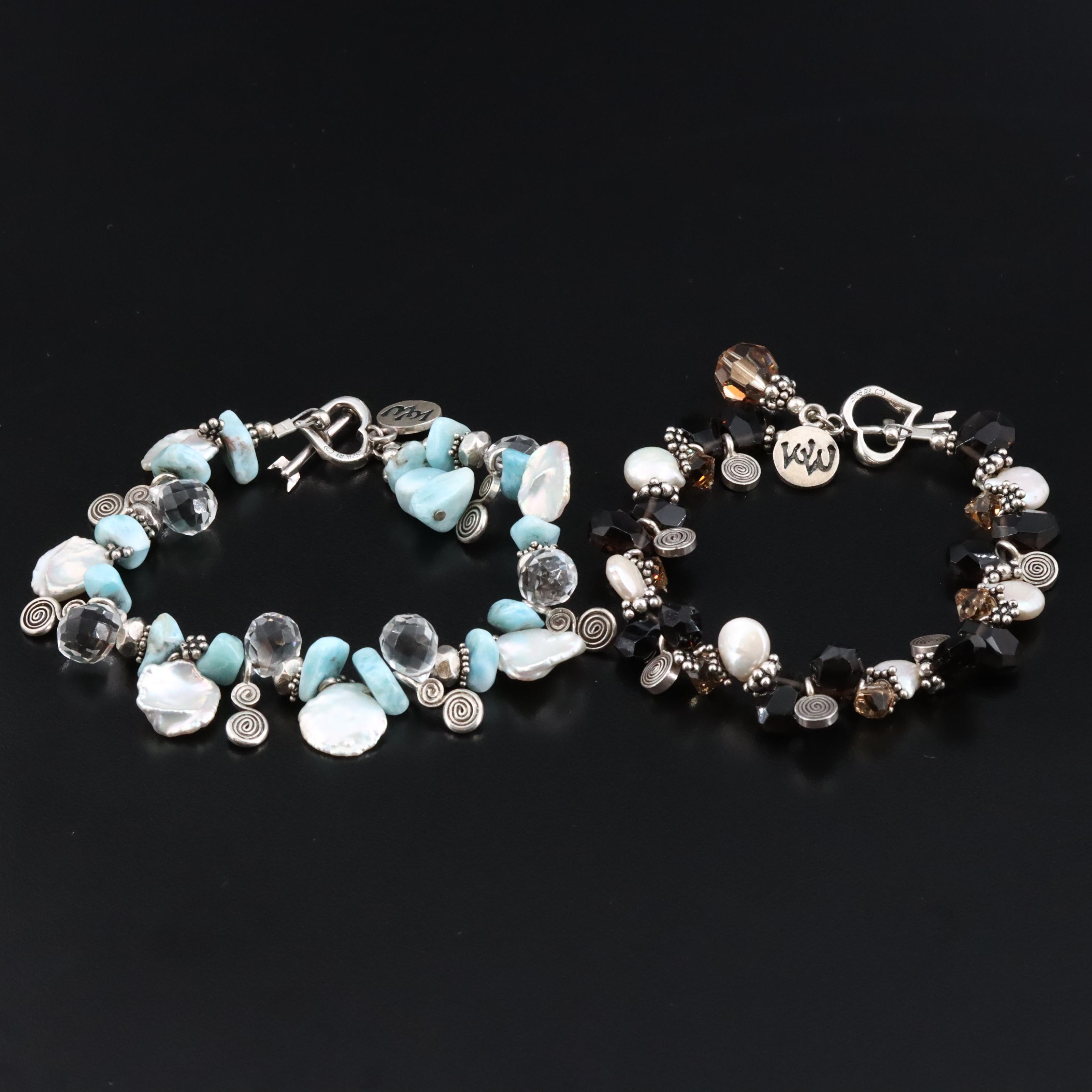 Sterling Smoky Quartz, Pearl and Glass Toggle Bracelets