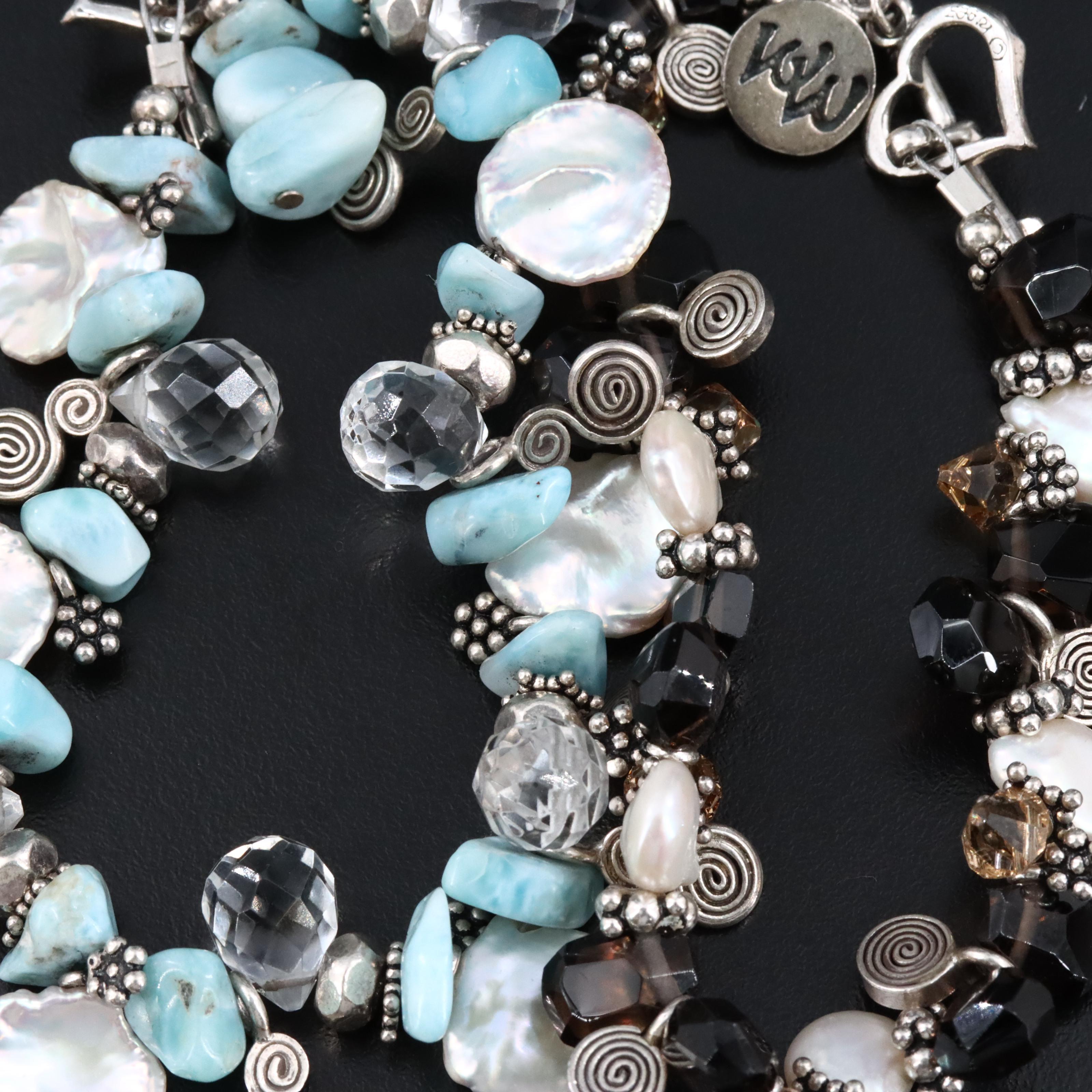 Sterling Smoky Quartz, Pearl and Glass Toggle Bracelets