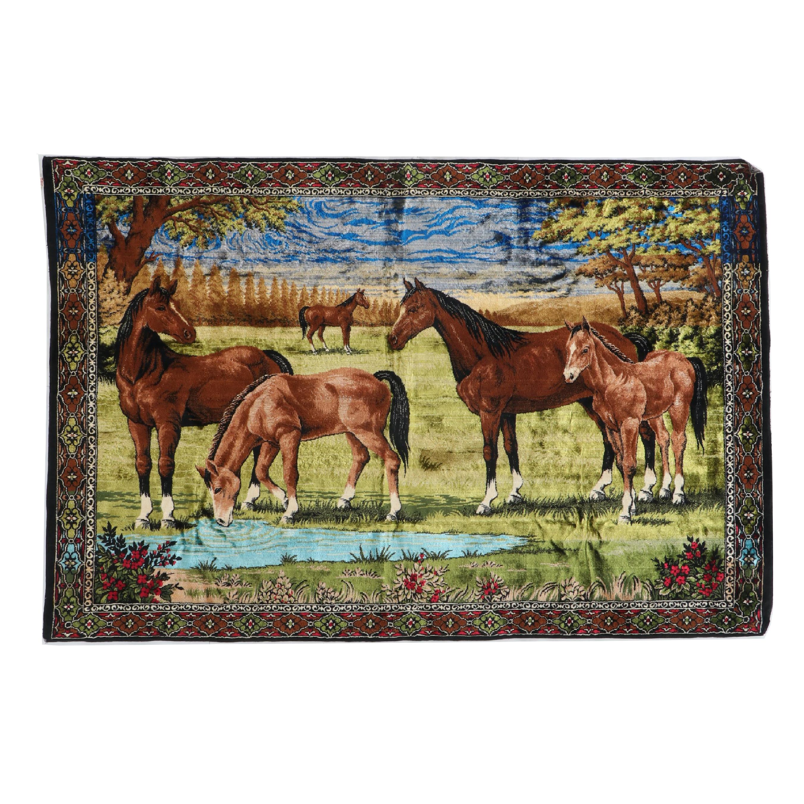 Bucolic Horse Landscape Wall Rug with Stylized Border, Mid-20th Century