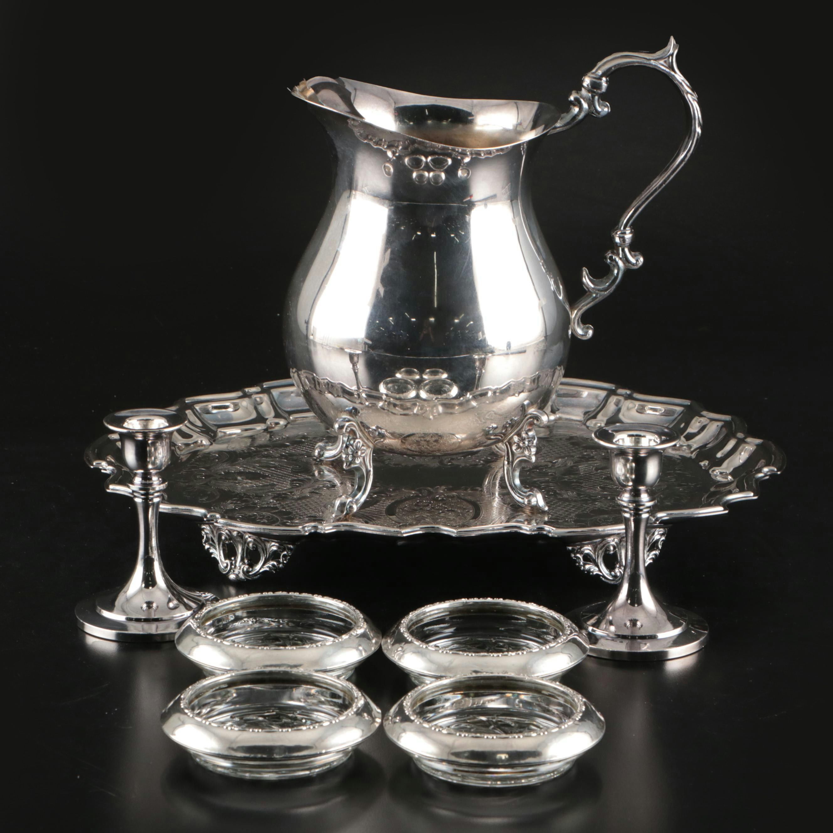 Amston Sterling Silver and Glass Coasters with Silver Plated Serveware