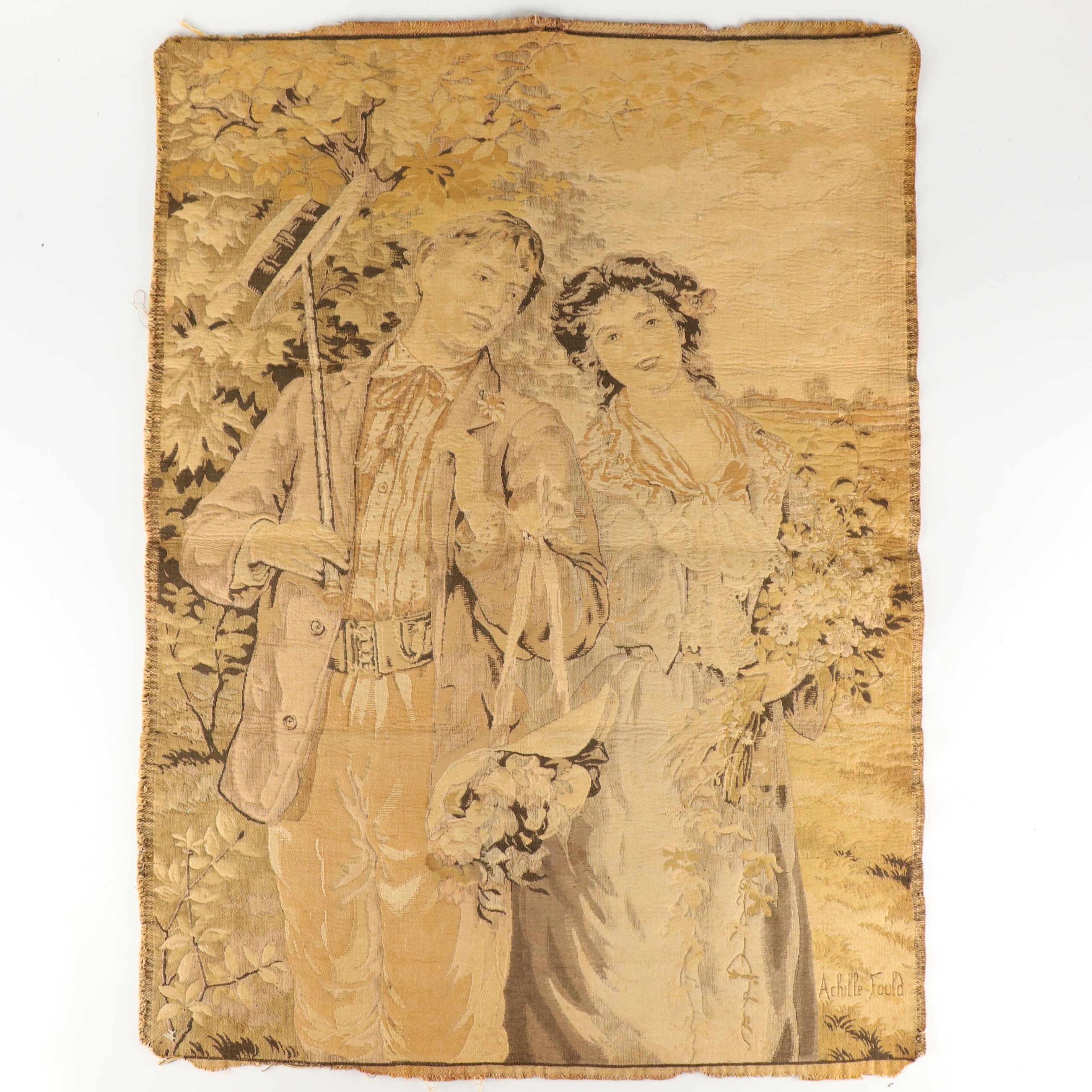 French Mechanic Jacquard Tapestry of Strolling Couple After Achille-Fould