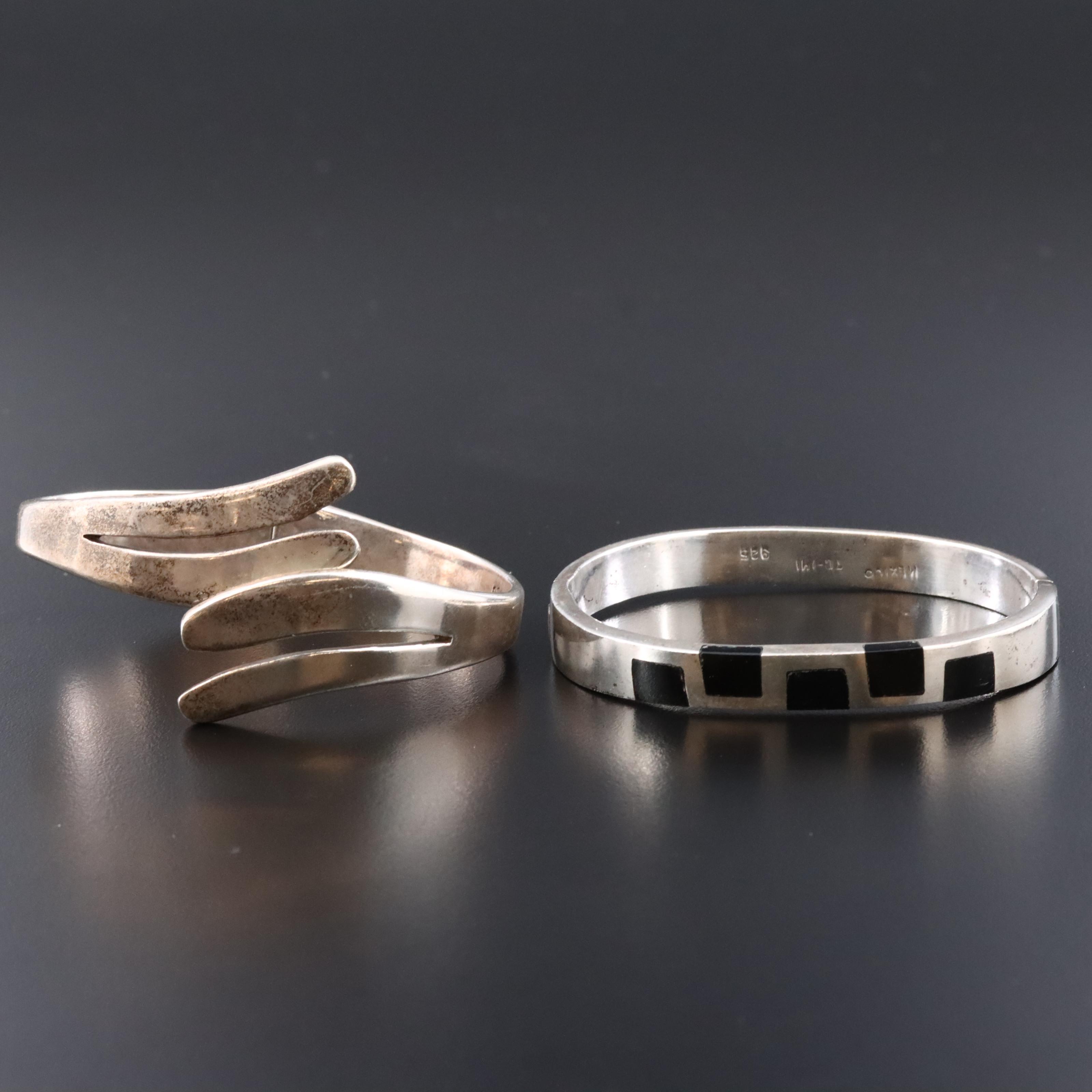 Sterling Bangle Bracelets Featuring Obsidian