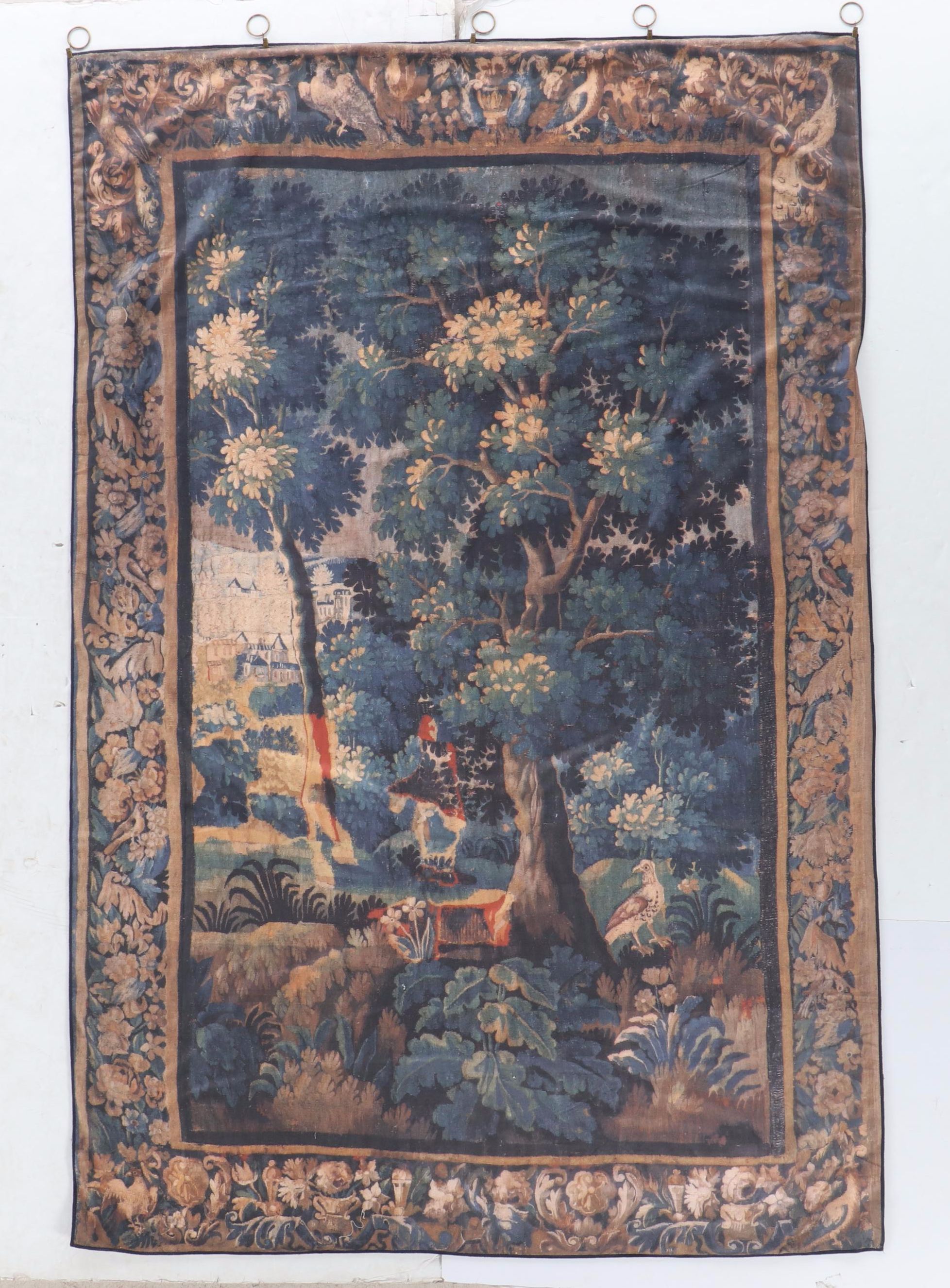18th Century French Aubusson Verdure Style Wall Tapestry Print, Late 20th C