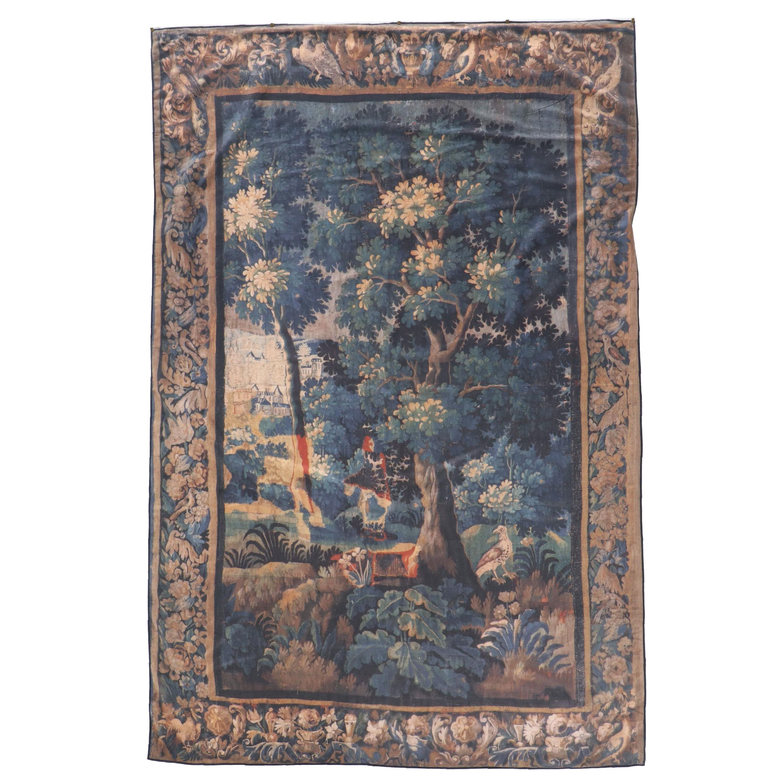 18th Century French Aubusson Verdure Style Wall Tapestry Print, Late 20th C