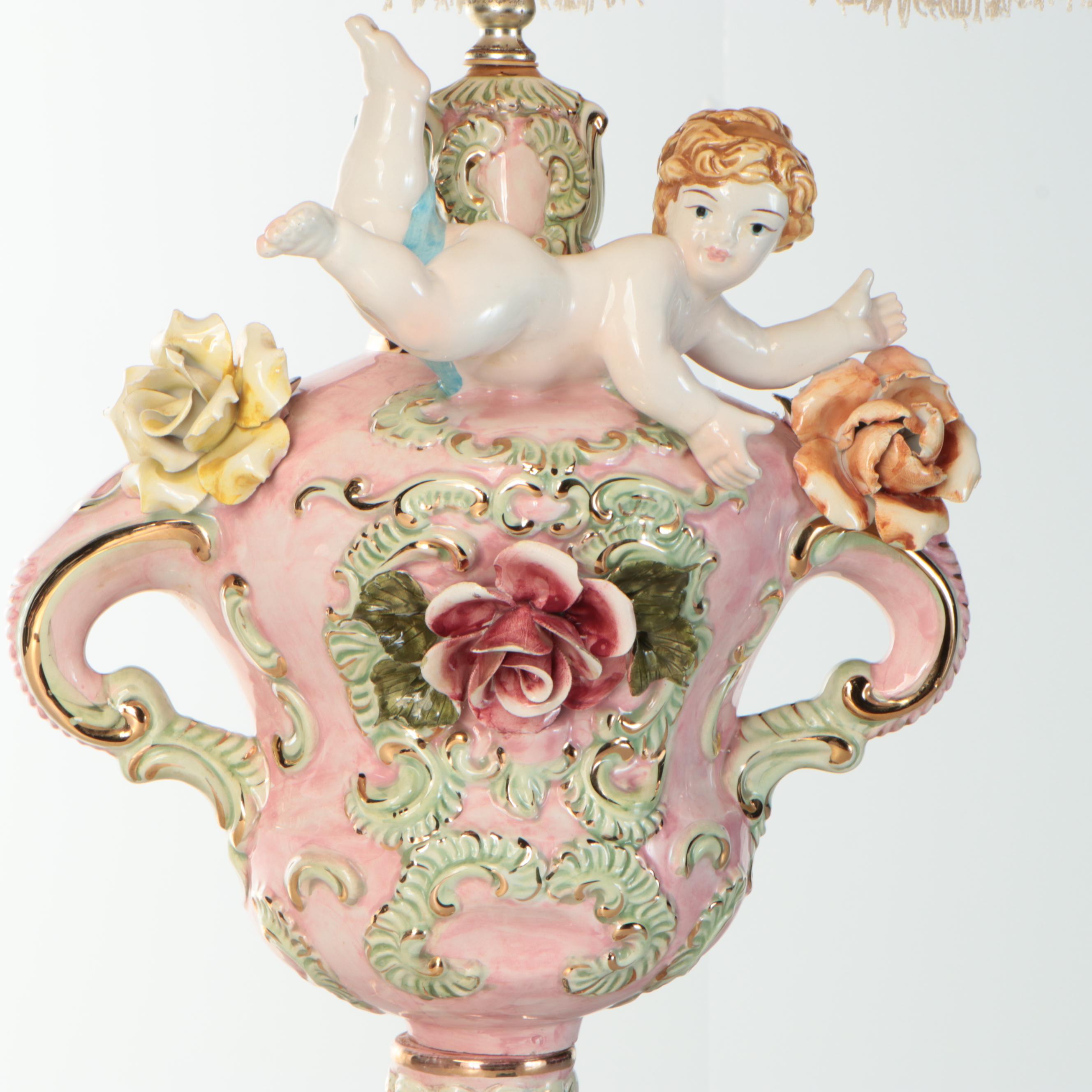 Capodimonte Style Putto Form & Roses Ceramic Table Lamp, Victorian Shade