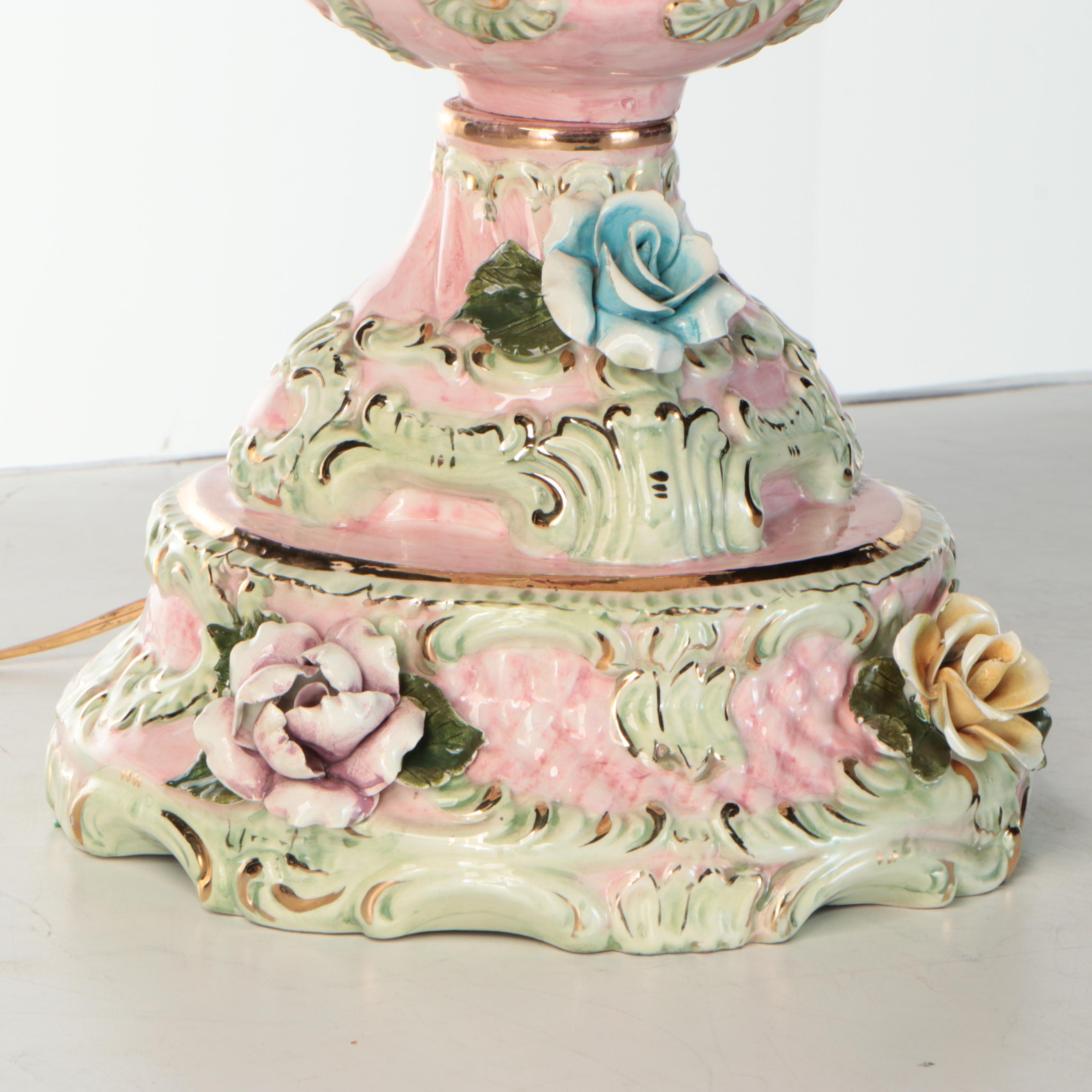 Capodimonte Style Putto Form & Roses Ceramic Table Lamp, Victorian Shade
