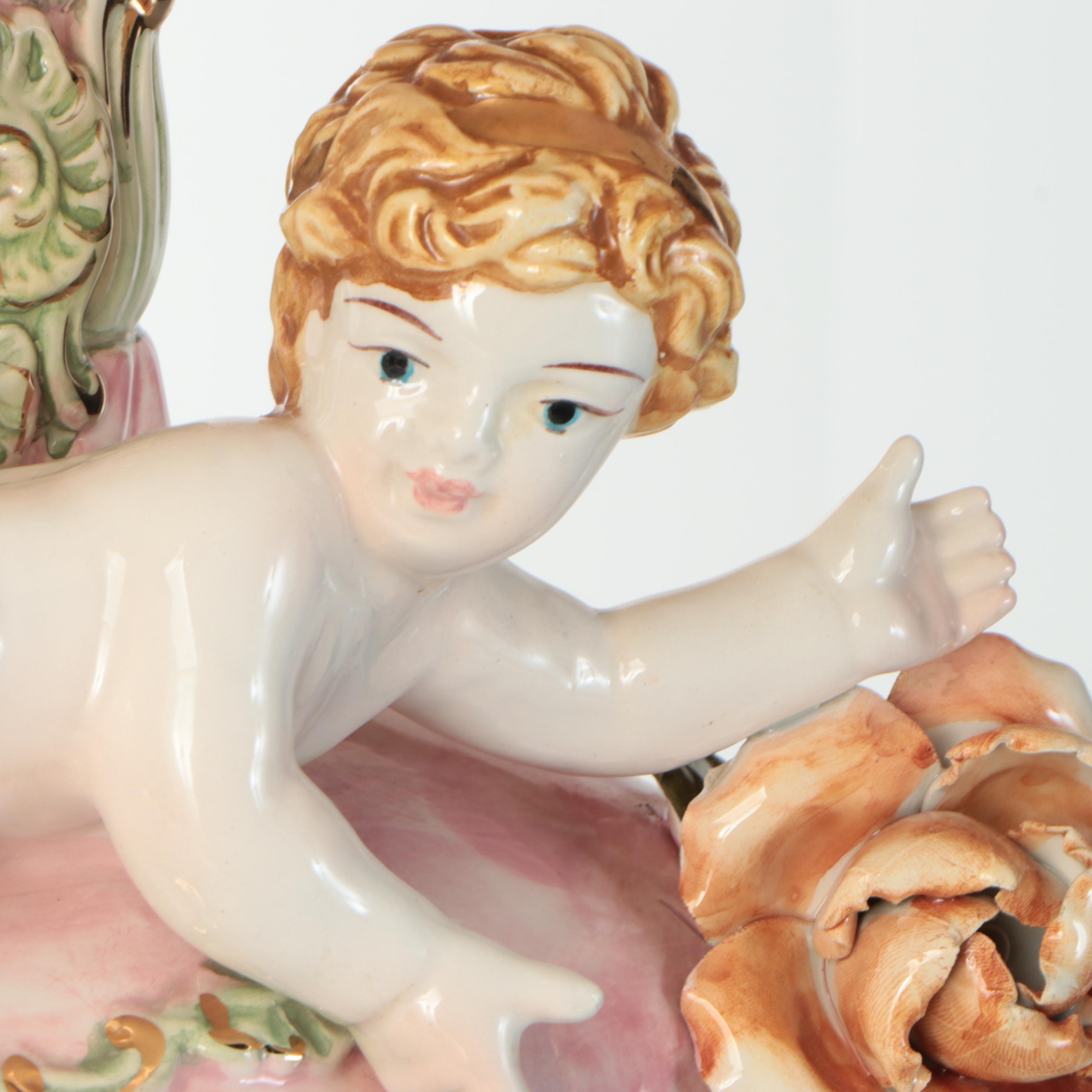 Capodimonte Style Putto Form & Roses Ceramic Table Lamp, Victorian Shade