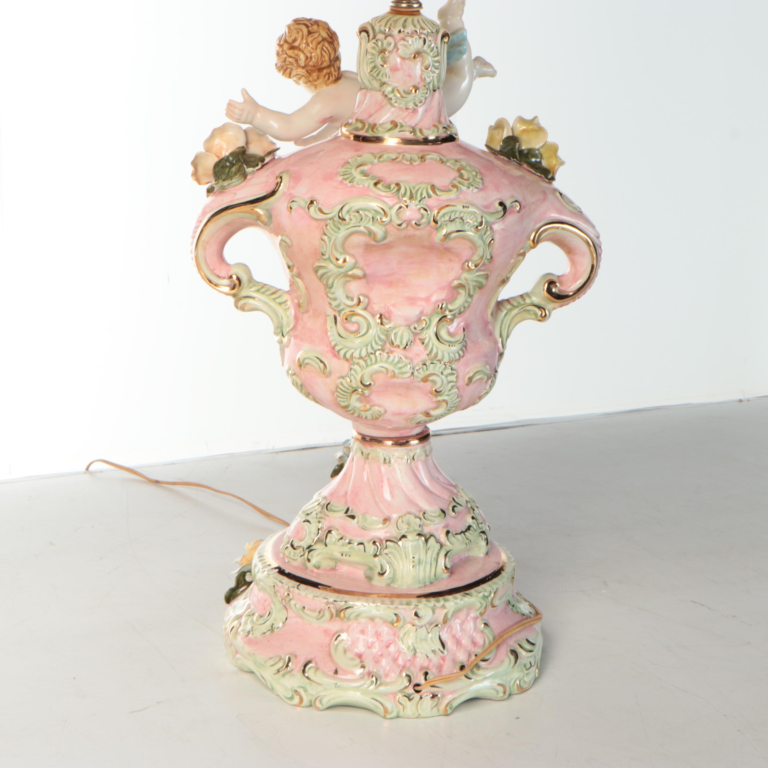 Capodimonte Style Putto Form & Roses Ceramic Table Lamp, Victorian Shade