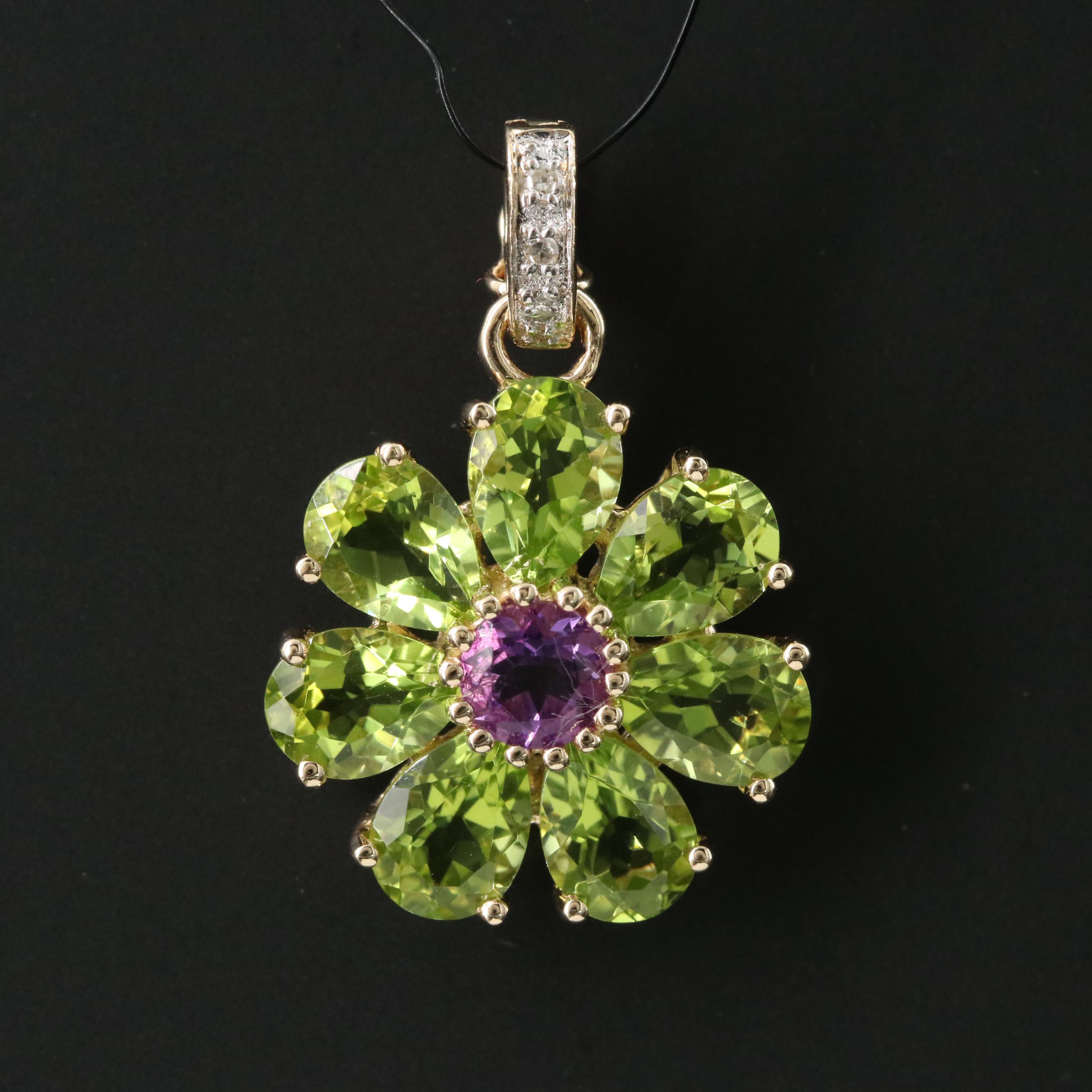 14K Amethyst, Peridot and Diamond Pendant