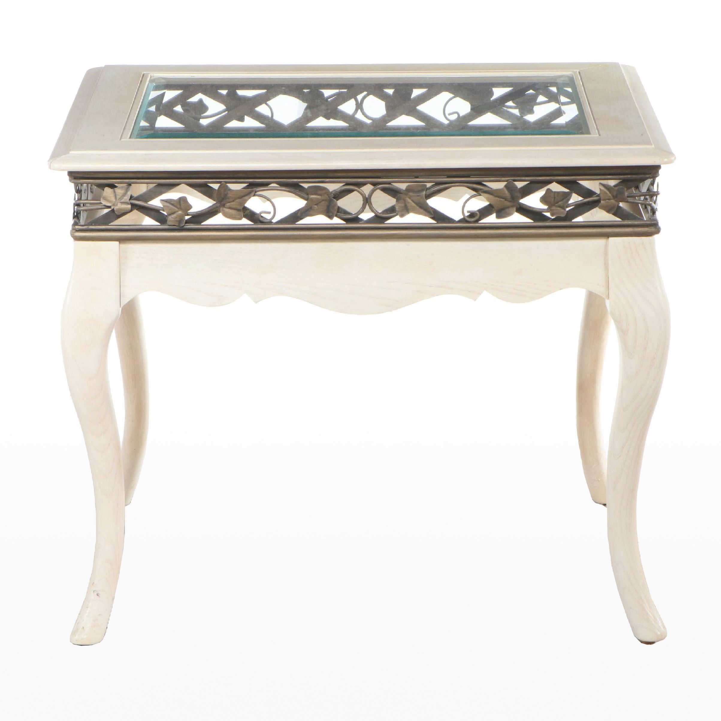 French Provincial Style Whitewashed Wood End Table with Foliate Detail