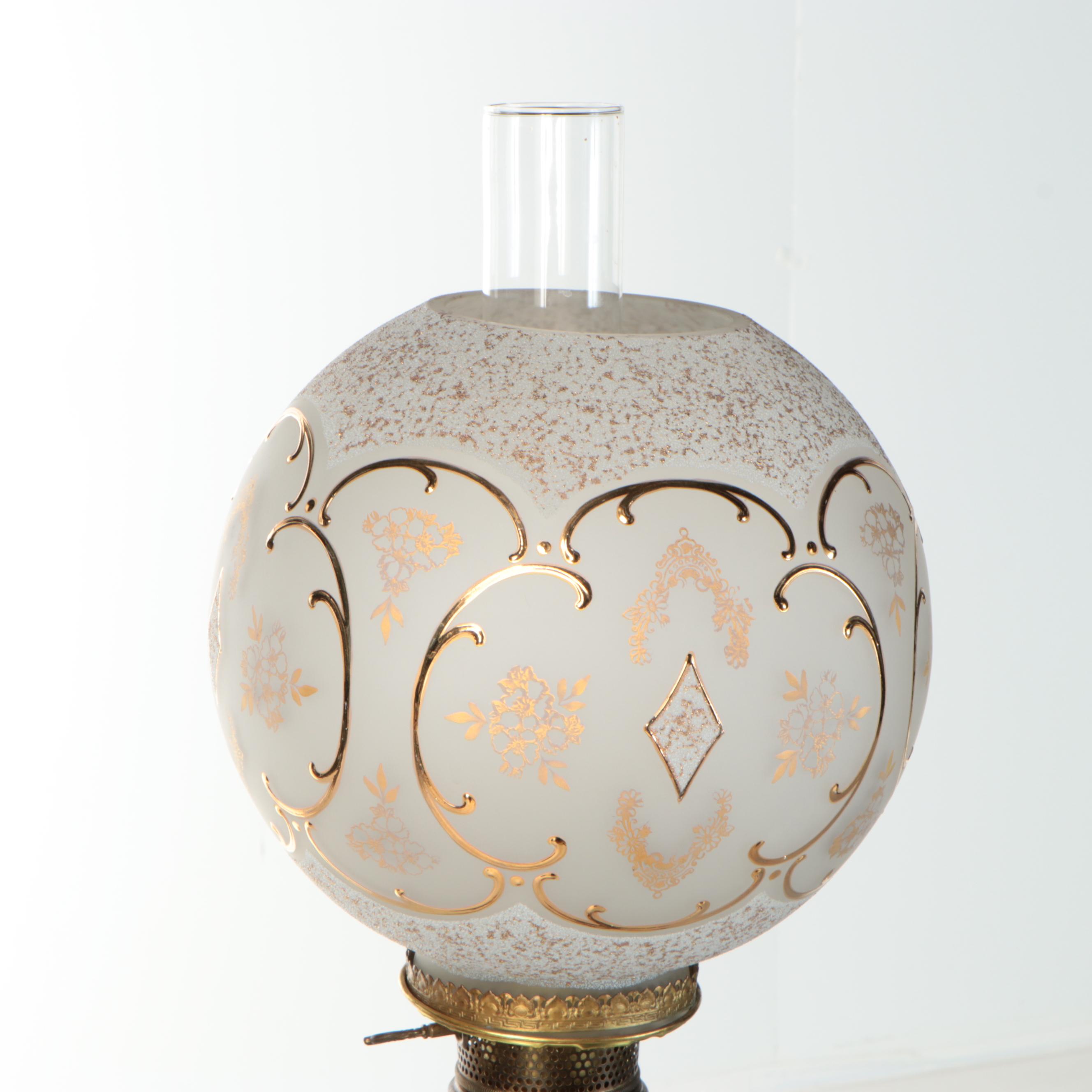 Late Victorian Bas Relief Brass Oil Banquet Lamp, Adapted Mid-20th Century