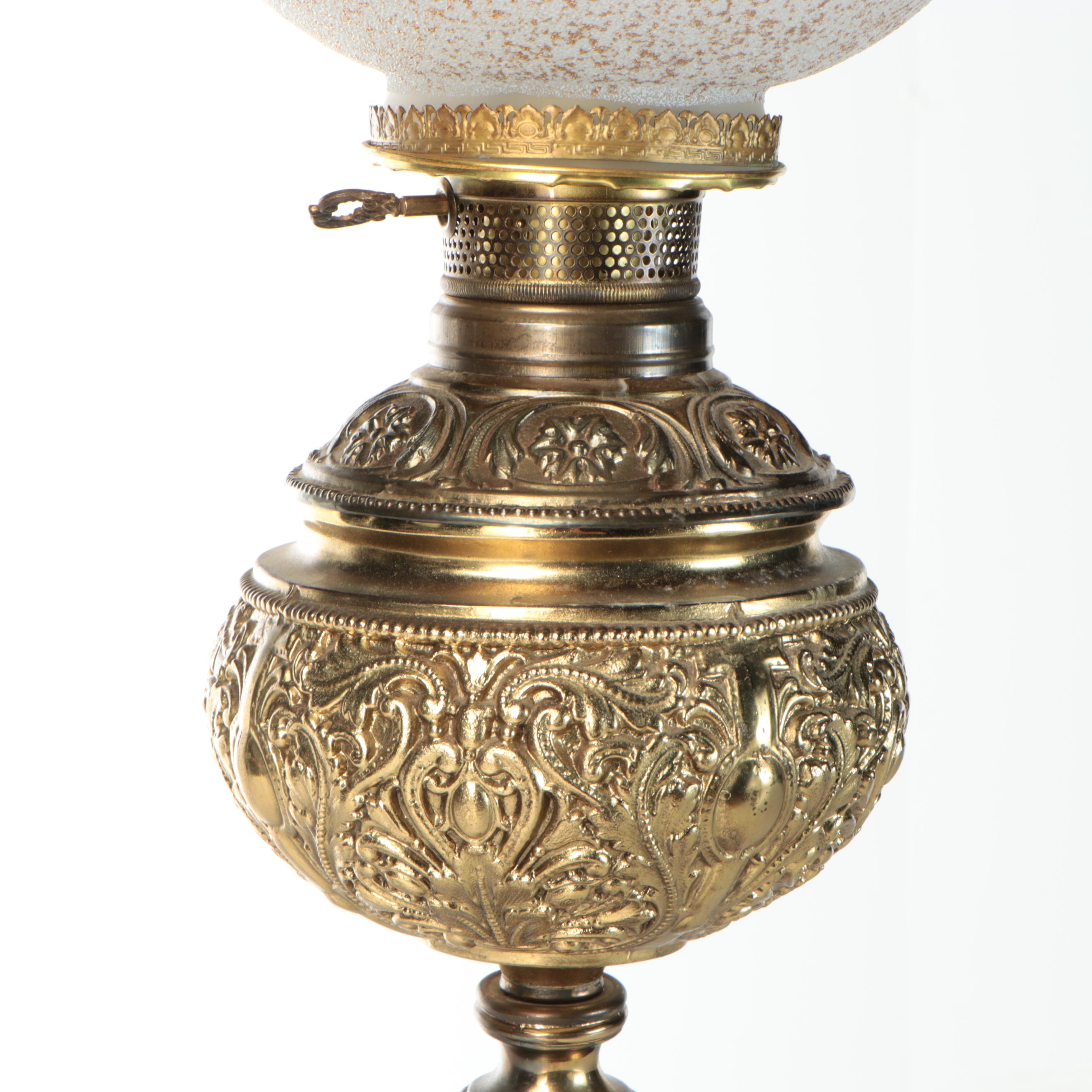 Late Victorian Bas Relief Brass Oil Banquet Lamp, Adapted Mid-20th Century