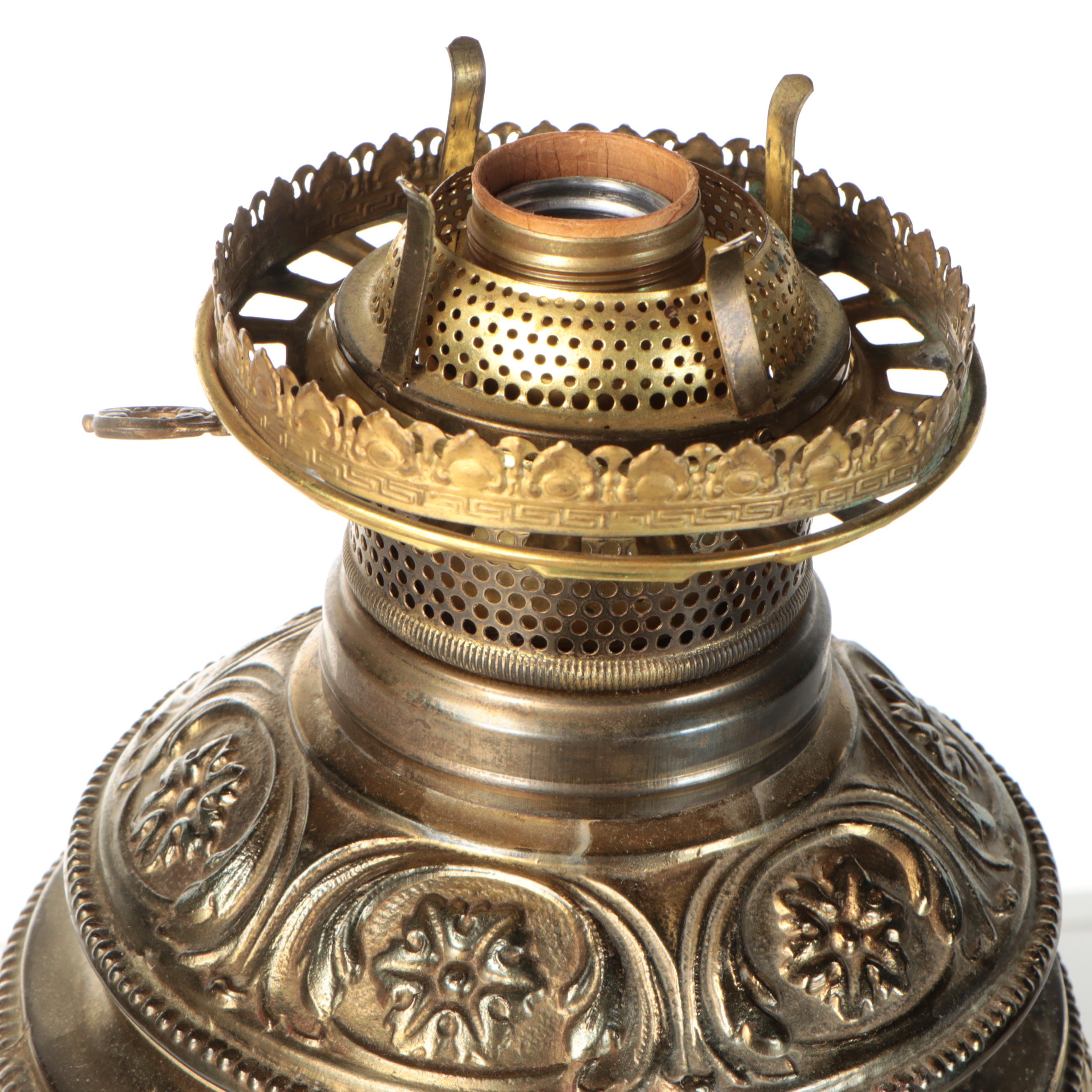 Late Victorian Bas Relief Brass Oil Banquet Lamp, Adapted Mid-20th Century