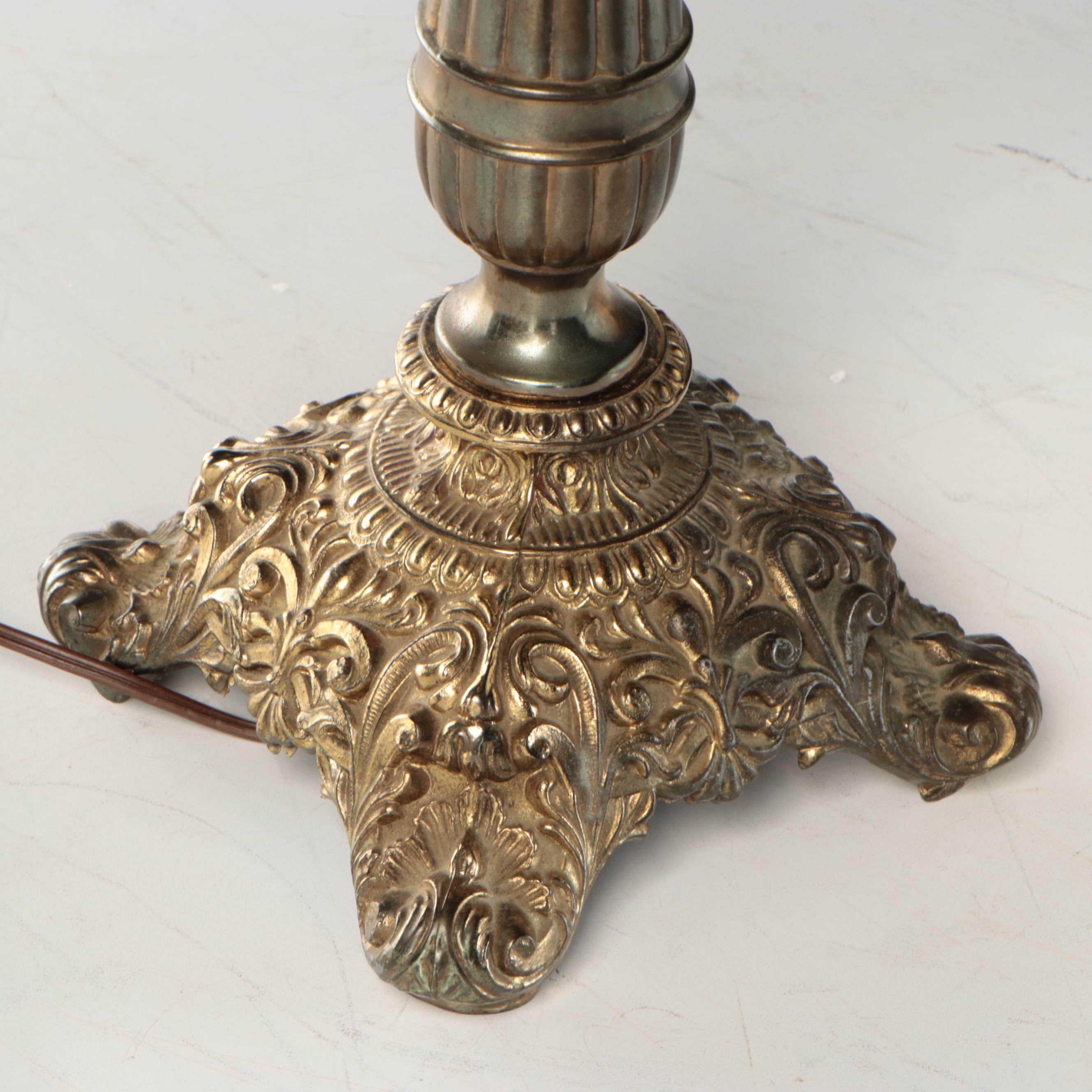 Late Victorian Bas Relief Brass Oil Banquet Lamp, Adapted Mid-20th Century