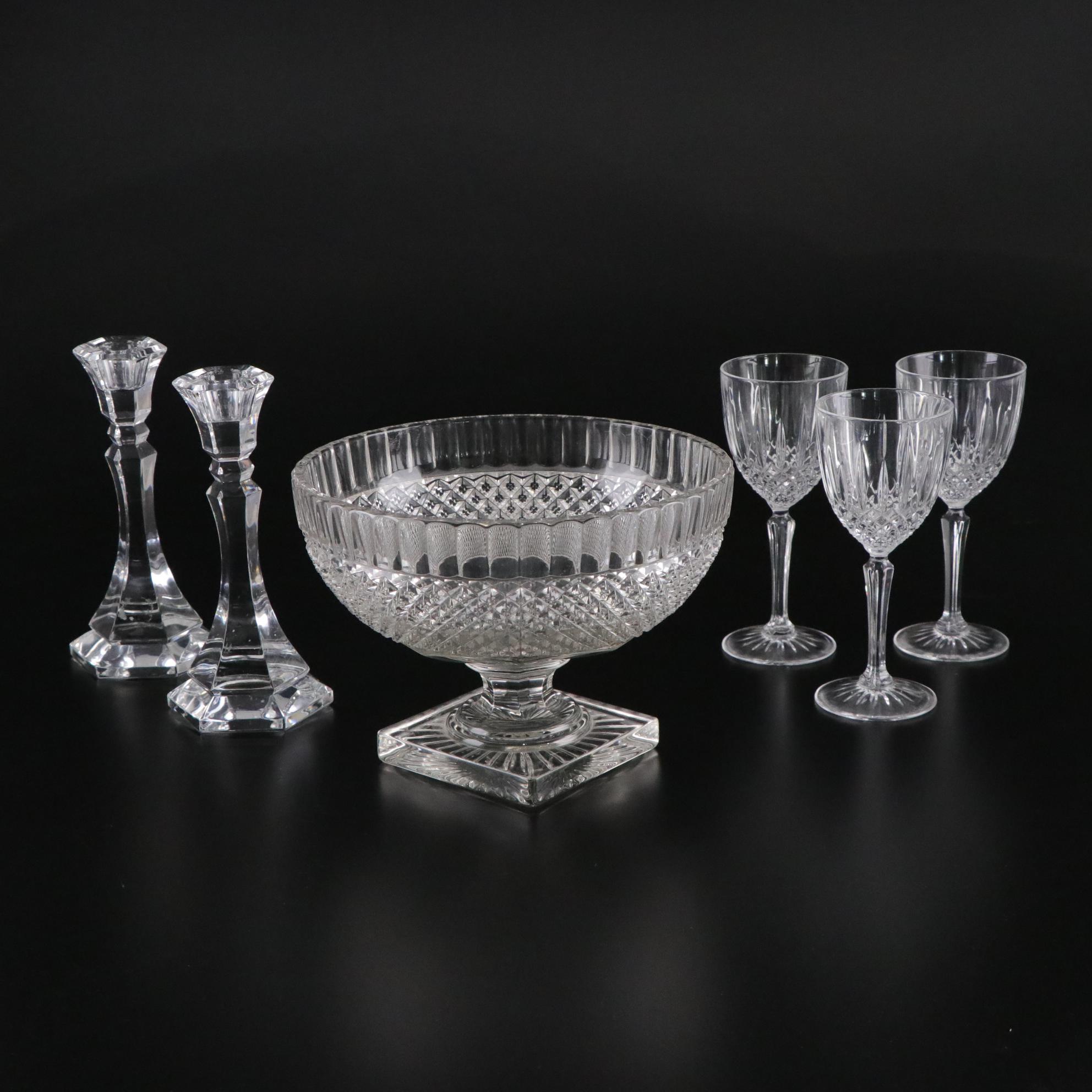 Pineapple Cut Glass Pedestal Bowl with Crystal Wine Glasses and Candlesticks