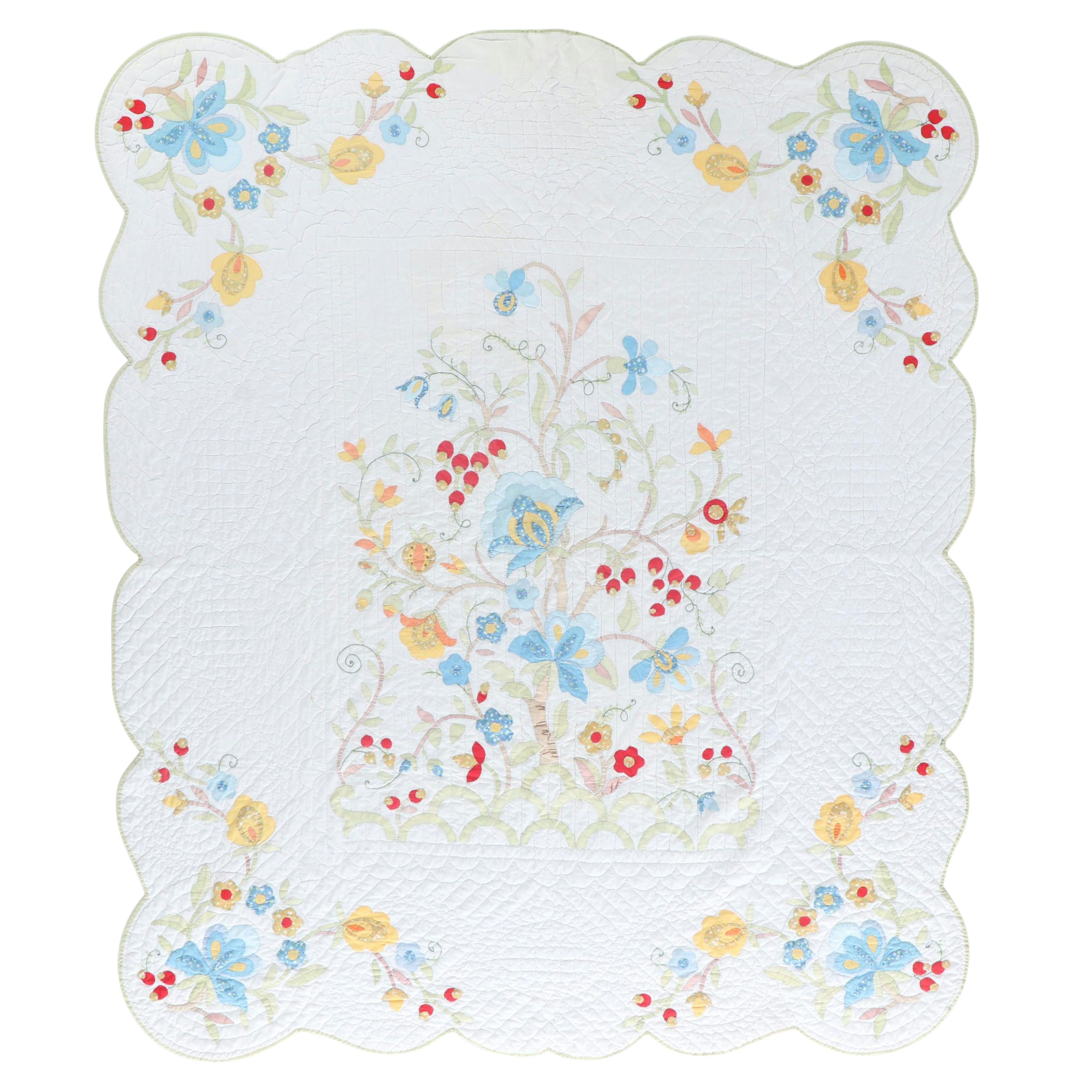 Hand-Pieced Applique on Whole Cloth "Tree of Life" Floral Quilt