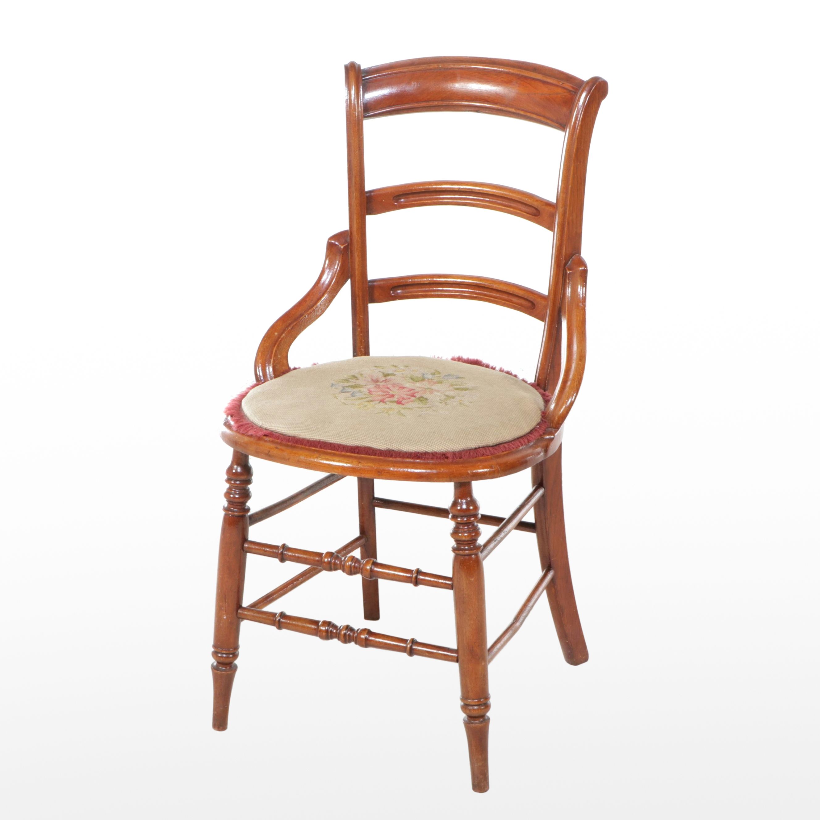 Victorian Needlepoint Walnut Ladderback Side Chair, Late 19th/ Early 20th C.