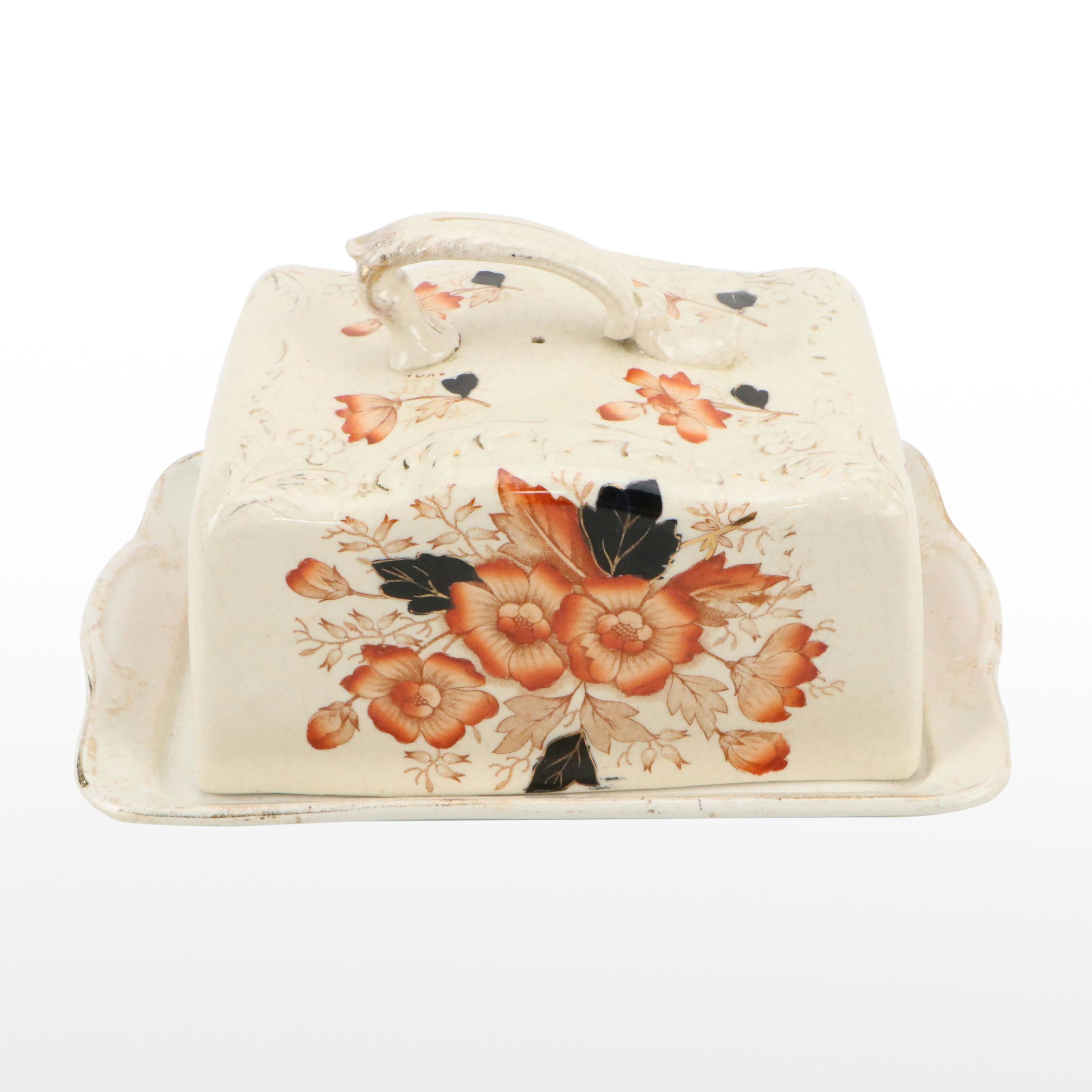 English Imari Earthenware Wedge Cheese Dome Cover and Platter, Early 20th C.