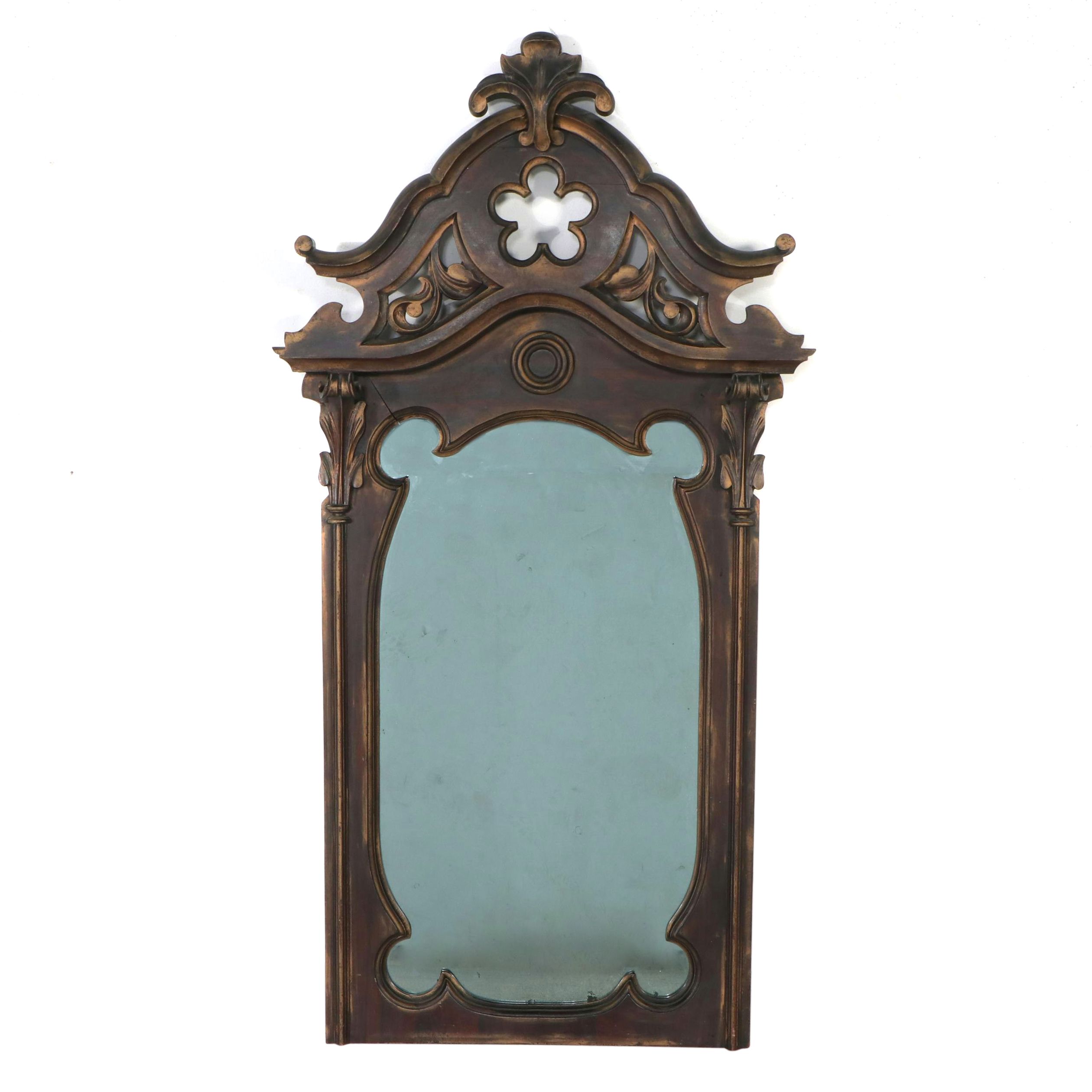 Gothic Revival Style Carved Wood Wall Mirror, Late 19th/ Early 20th Century