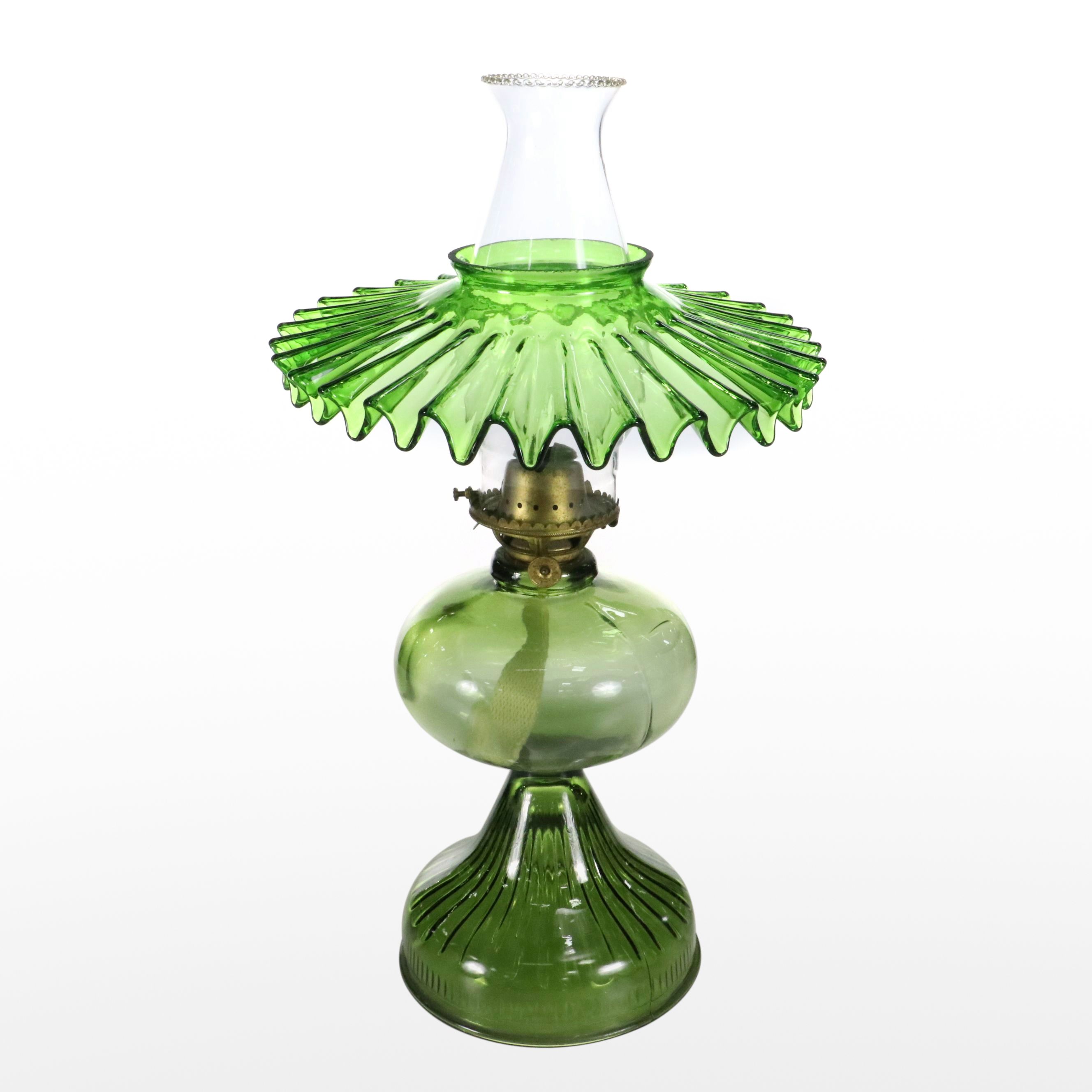 Olive Green Pressed Glass Oil Lamp with Plume & Atwood Burner, Petticoat Shade