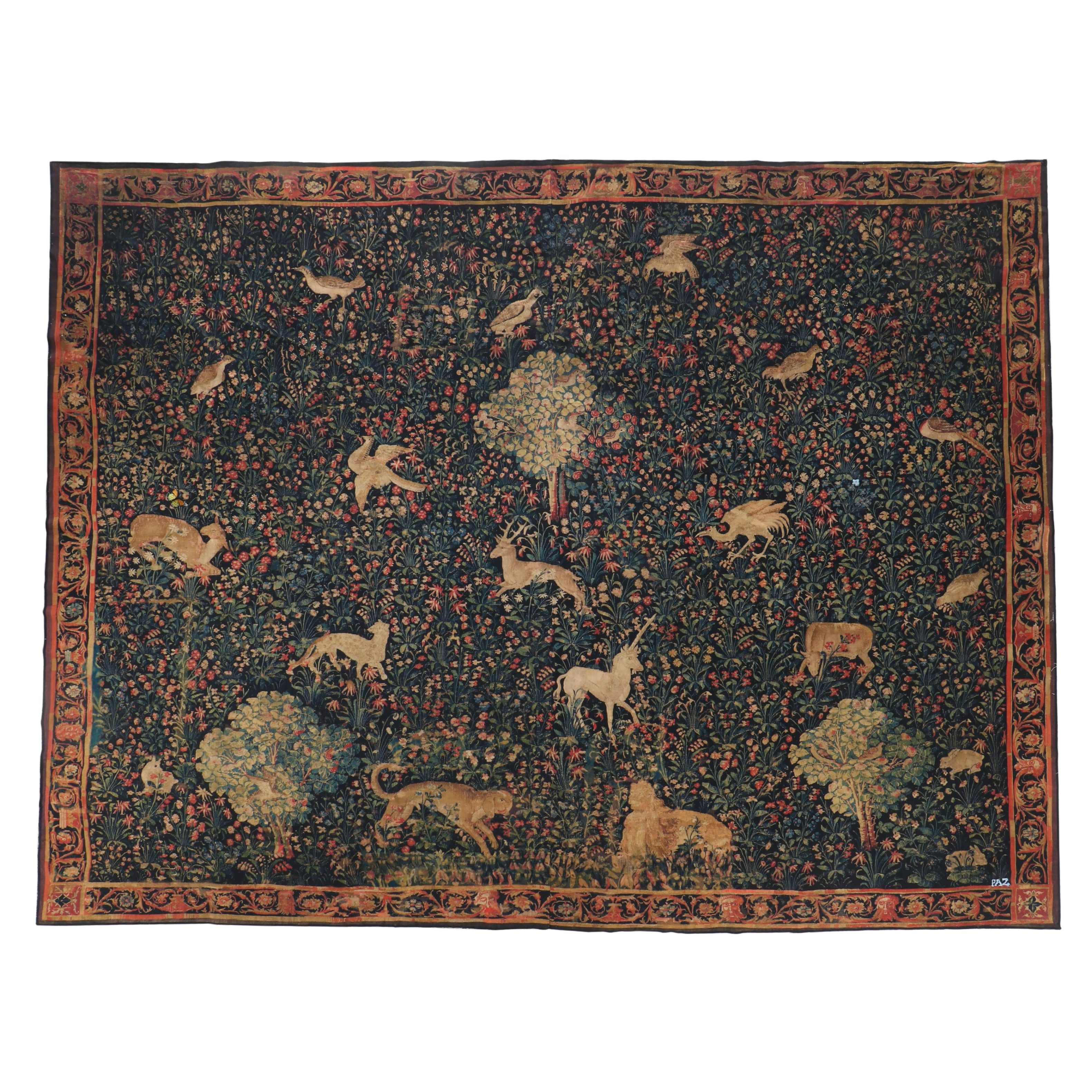 French Allegorical Animals & Butterflies Millefleur Reproduction Tapestry by Paz