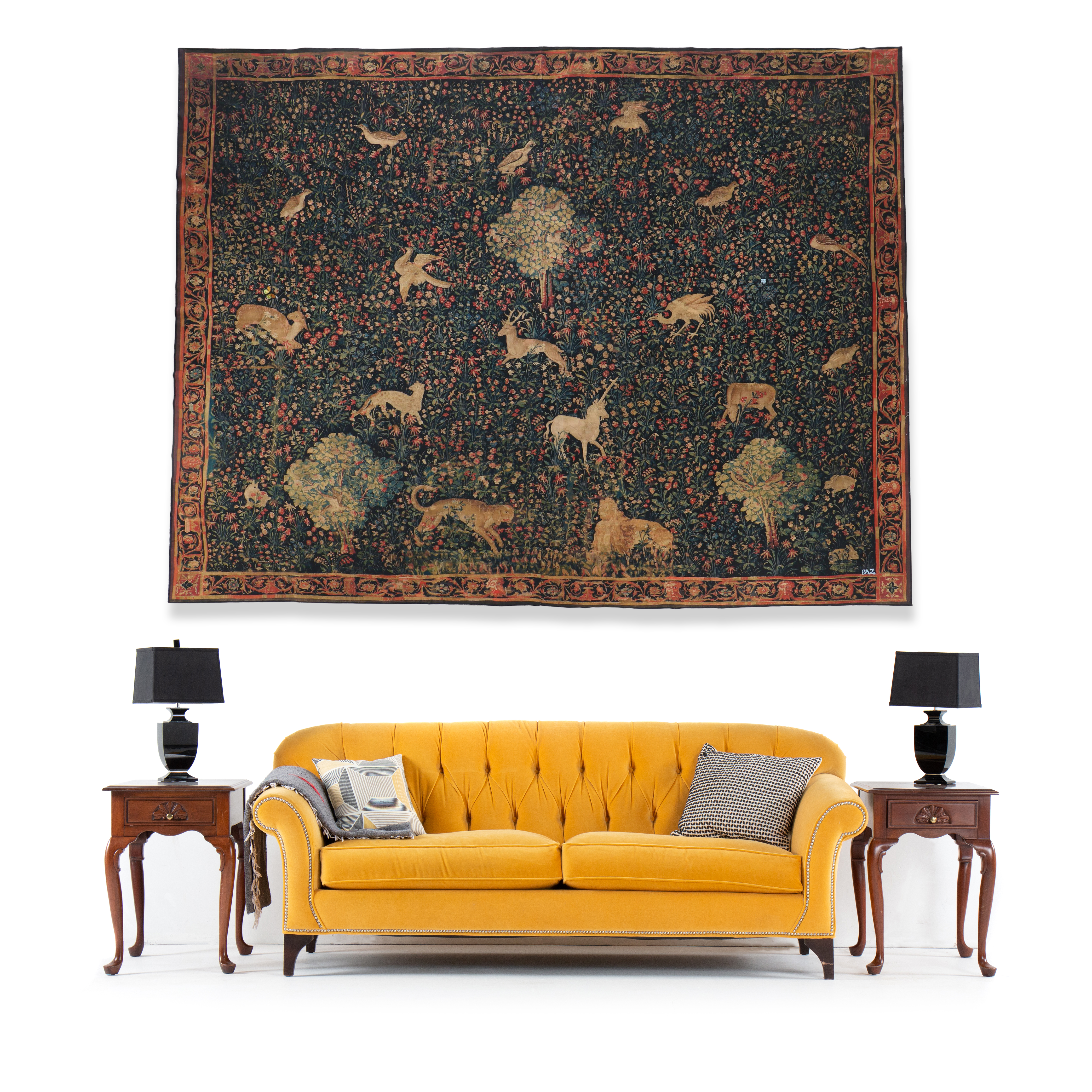 French Allegorical Animals & Butterflies Millefleur Reproduction Tapestry by Paz